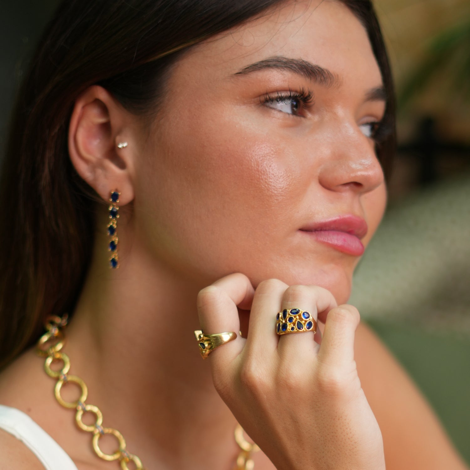 Teardrop Sapphire Stone & Gold Adjustable Statement Ring - Blue