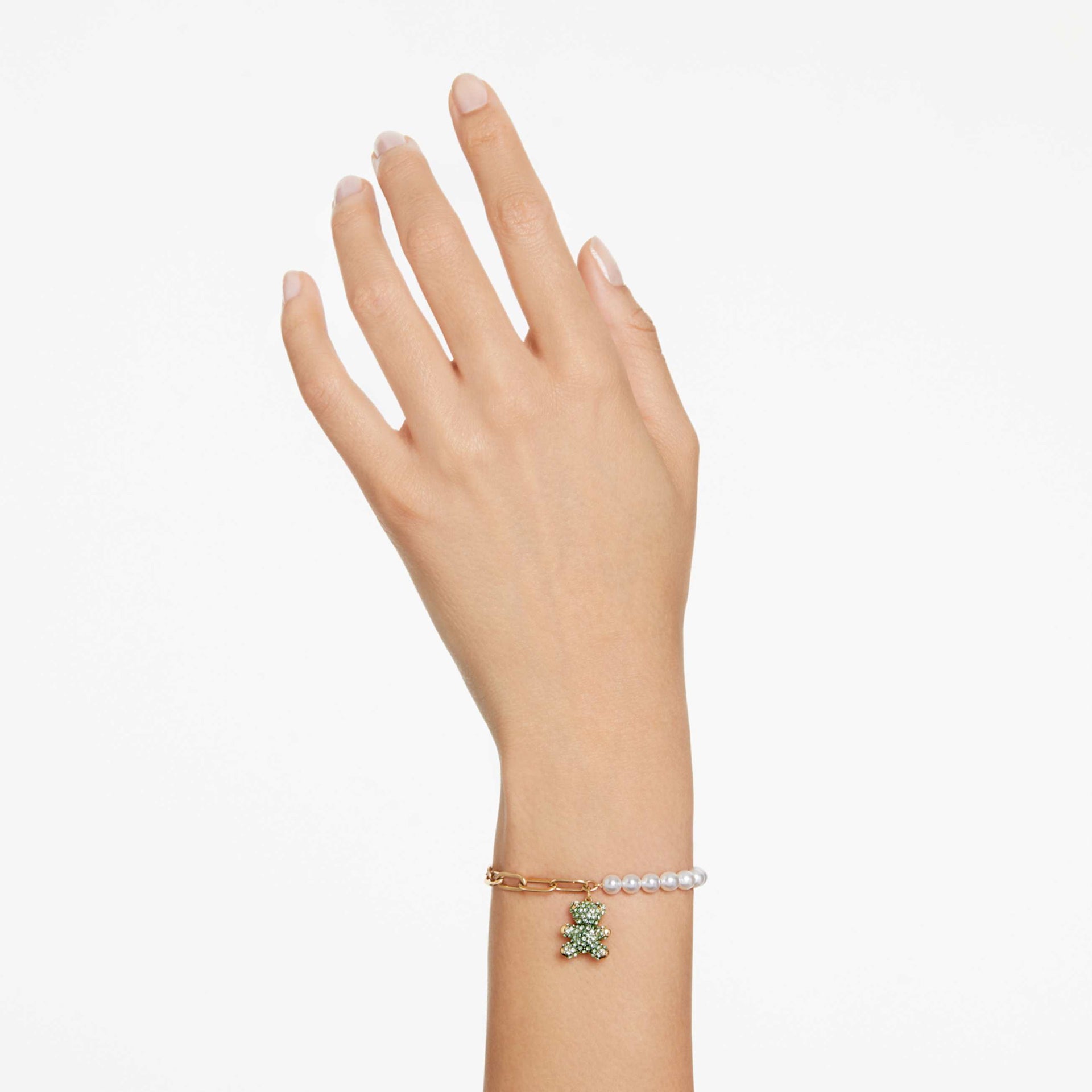 TEDDY BRACELET CRYSTAL PEARL BEAR GREEN GOLD TONE PLATED