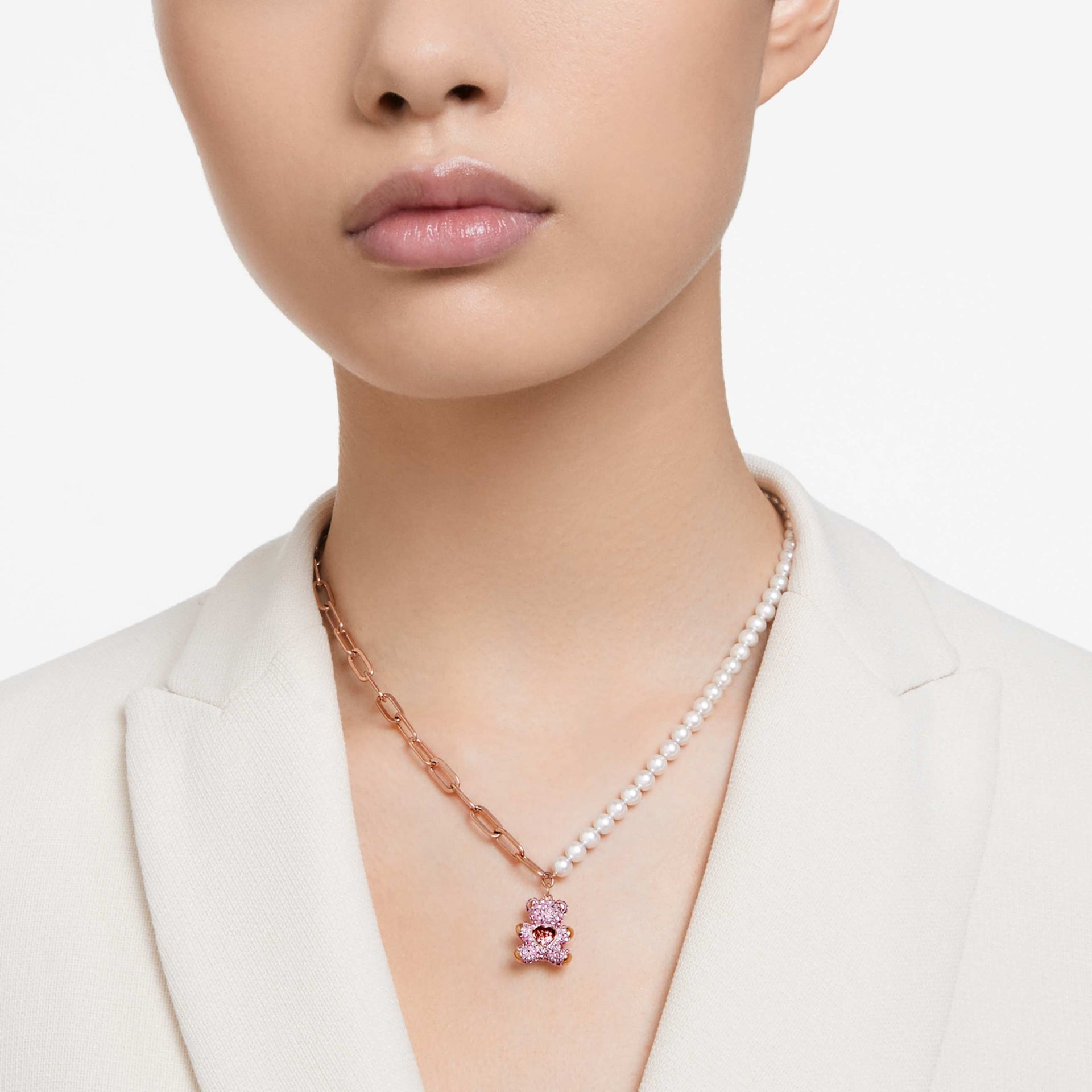 TEDDY PENDANT CRYSTAL PEARL BEAR PINK ROSE GOLD TONE PLATED