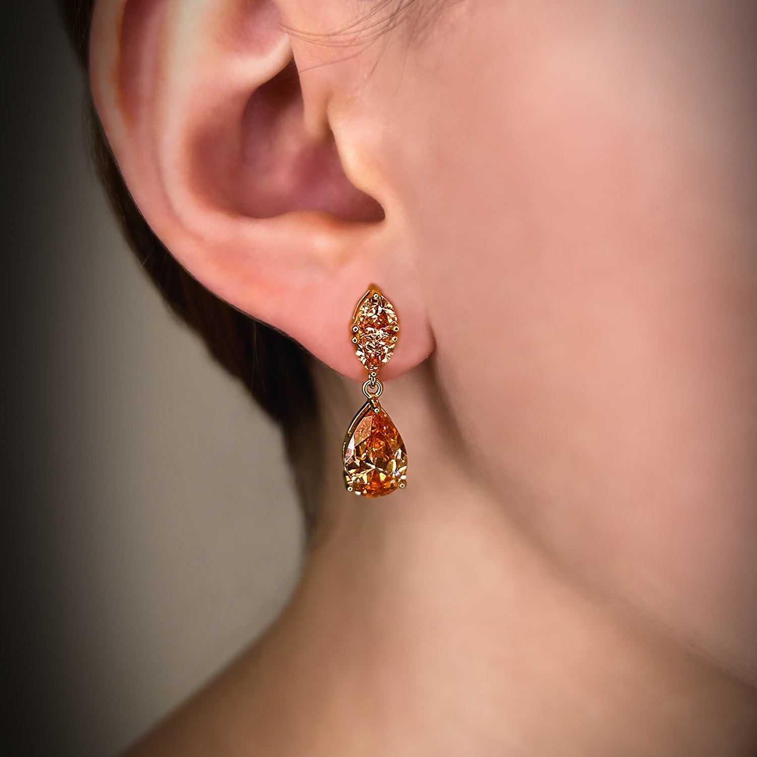 Temptation Earrings With Man Made Champagne Cz Diamond Stimulant In 18K Gold Vermeil