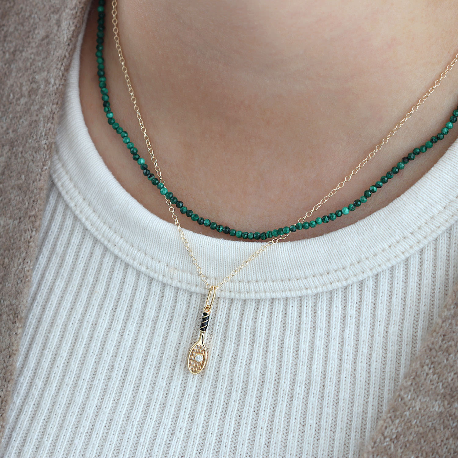 Tennis Racket Enamel Charm Necklace Gold Vermeil