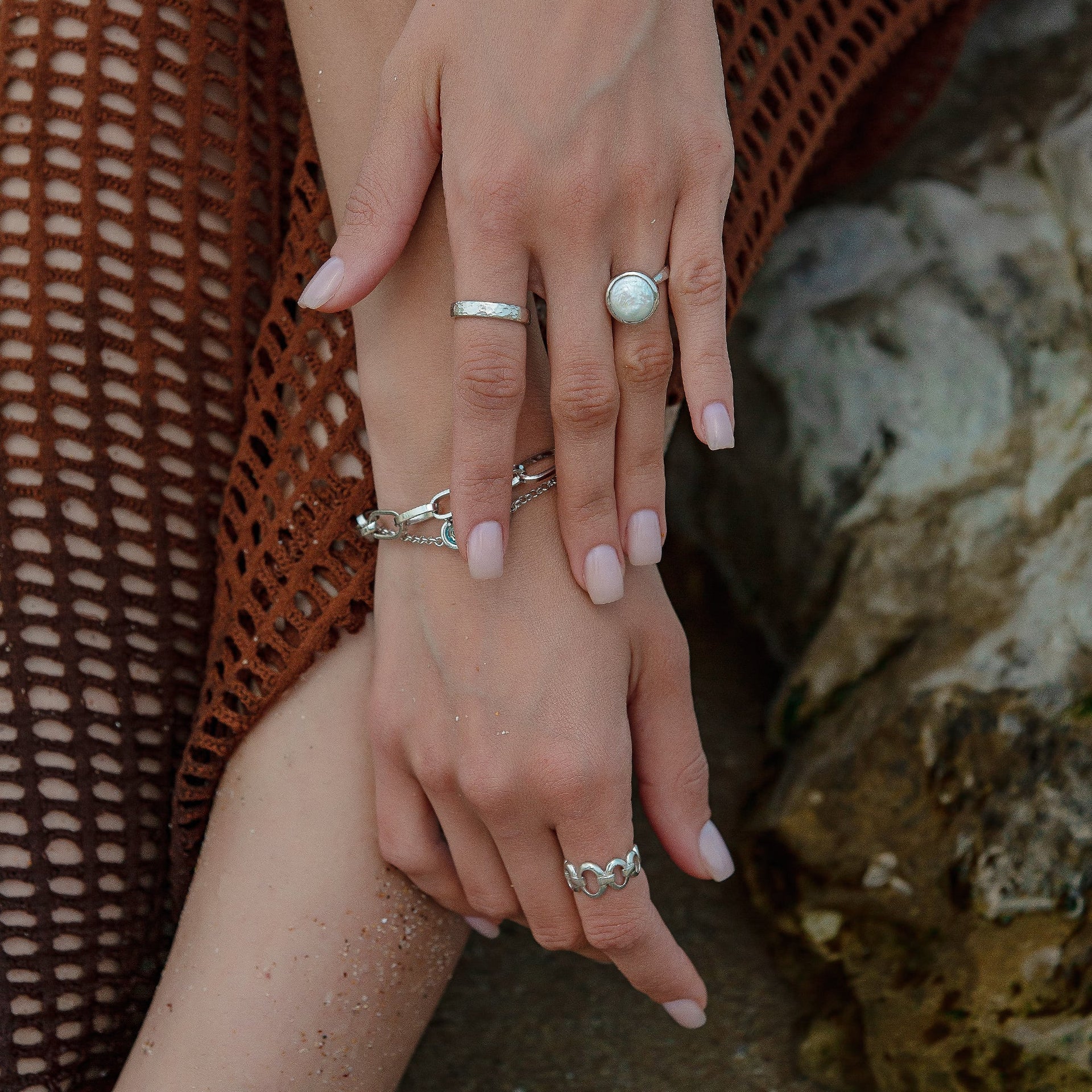 Textured Brilliance Hammered Silver Band Ring
