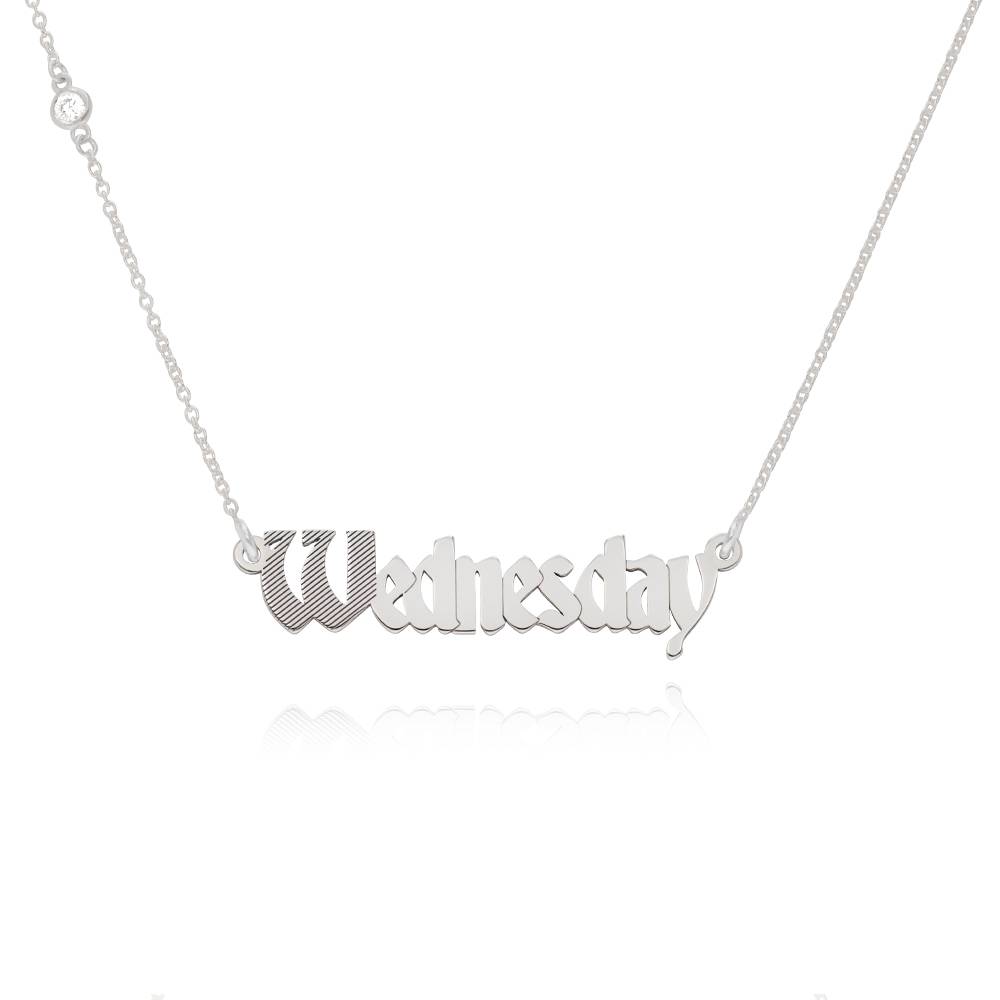 Wednesday Textured Gothic Name Necklace with Diamond in Sterling Silver