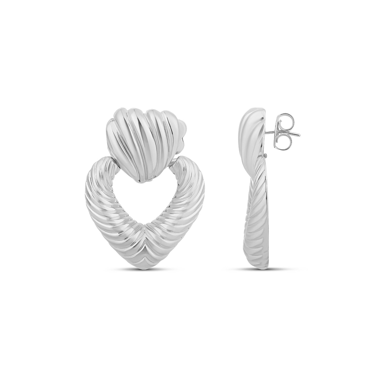 Textured Heart Drop Earrings - Silver