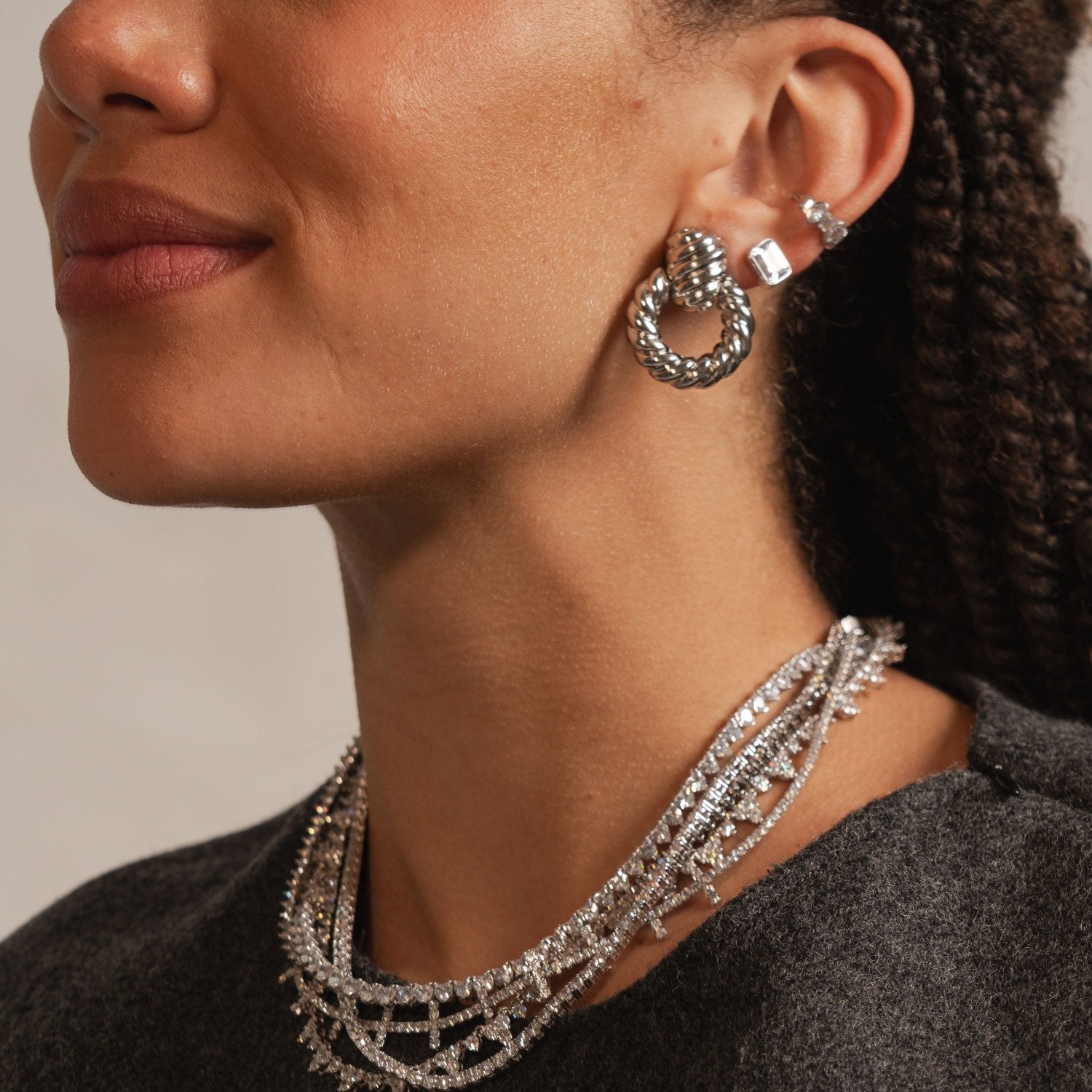 Textured Round Drop Earrings - Silver