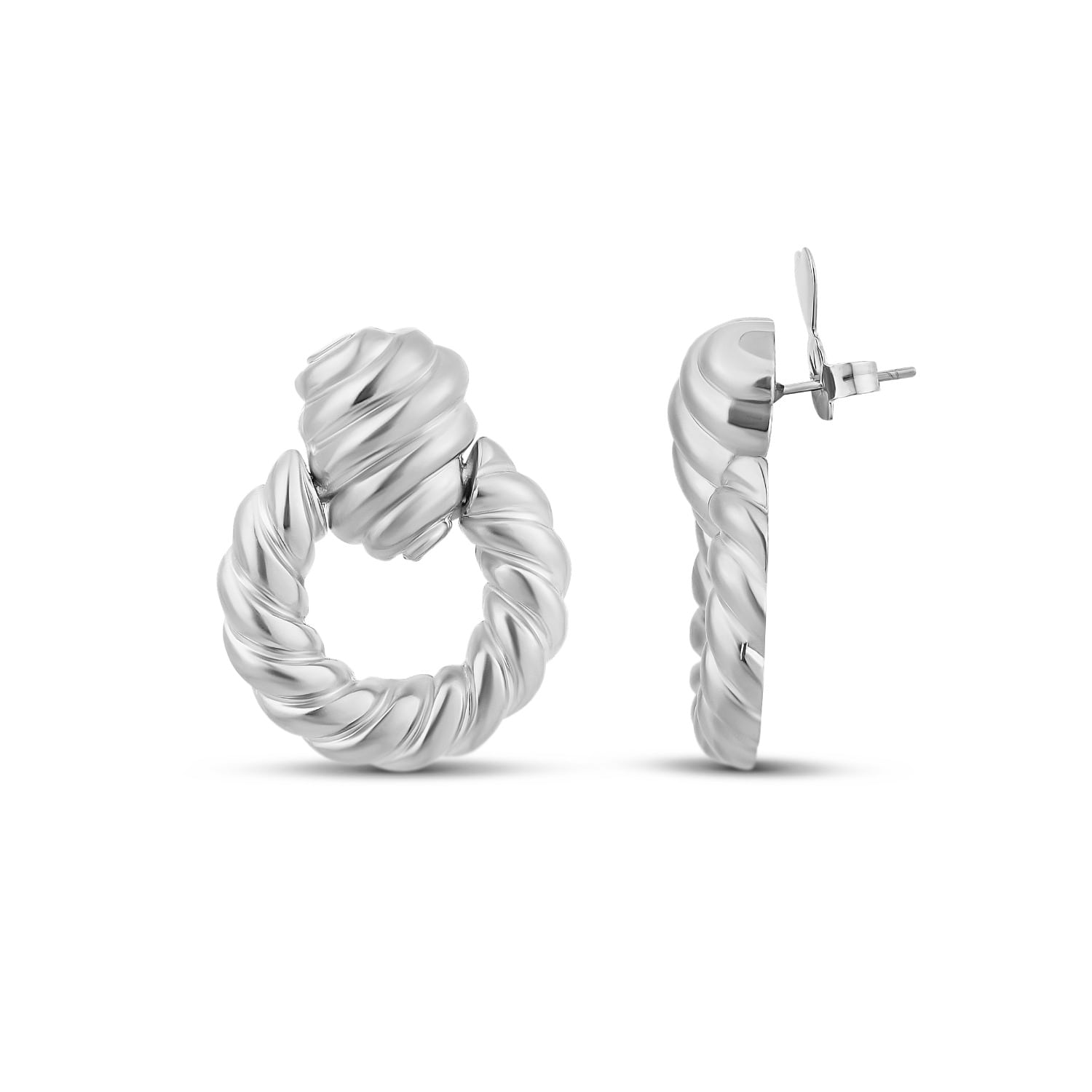 Textured Round Drop Earrings - Silver