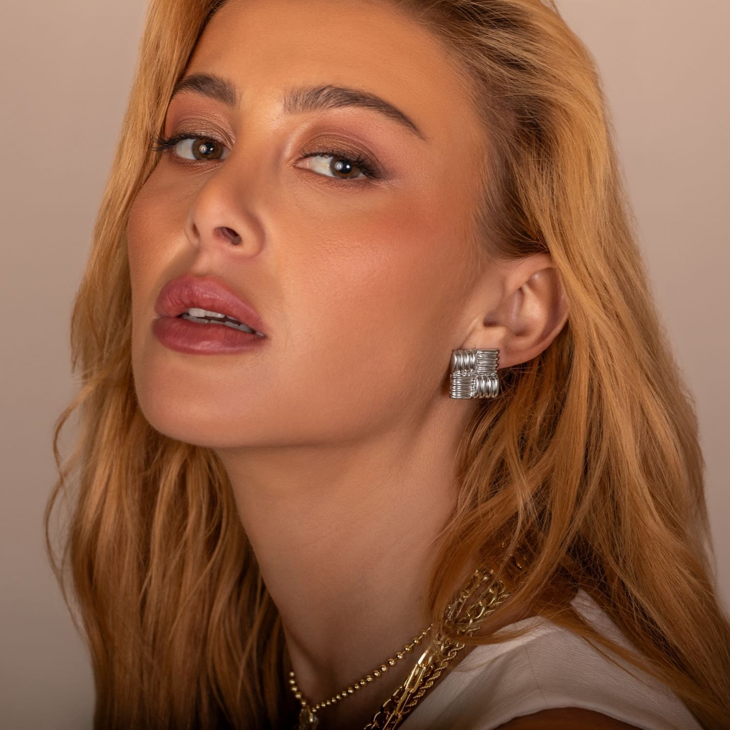 Textured Square Statement Studs - Silver