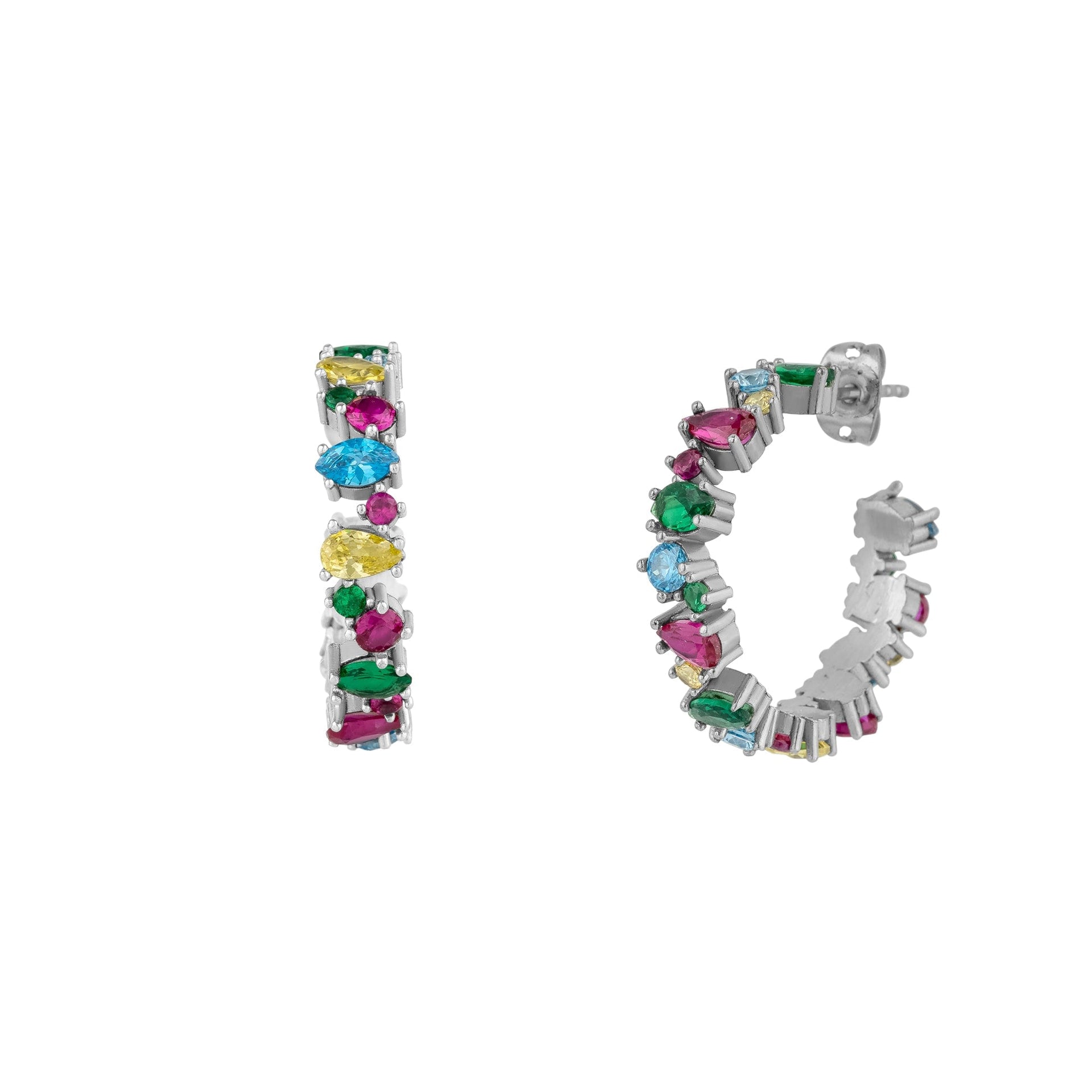 Textured Vibrant Color Silver Floral Stud Hoop Earring