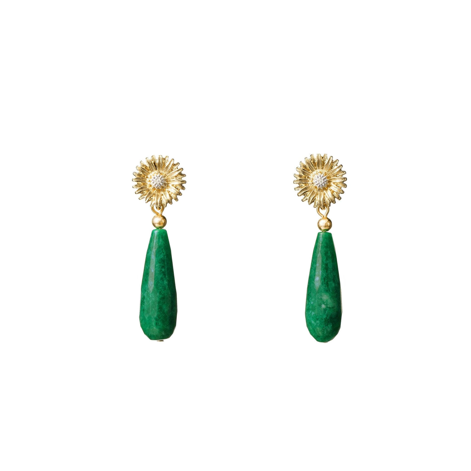 Sunflower & Faceted Teardrop Gemstone Earrings - Green