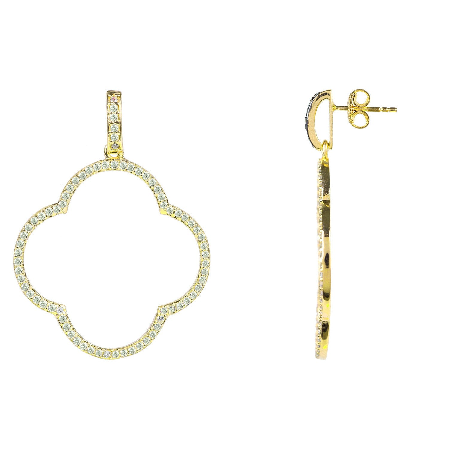 Open Clover Large Drop Earrings White Cz Gold