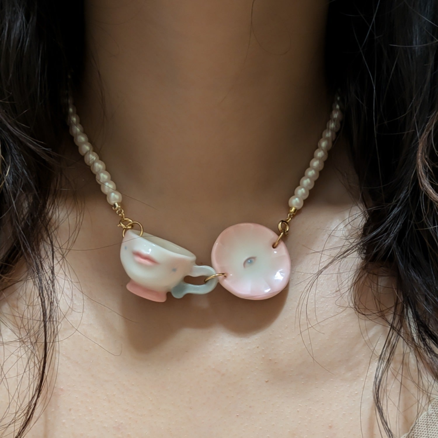 The Cup Theater Mini Porcelain Cup & Plate Crystal Pearl Necklace