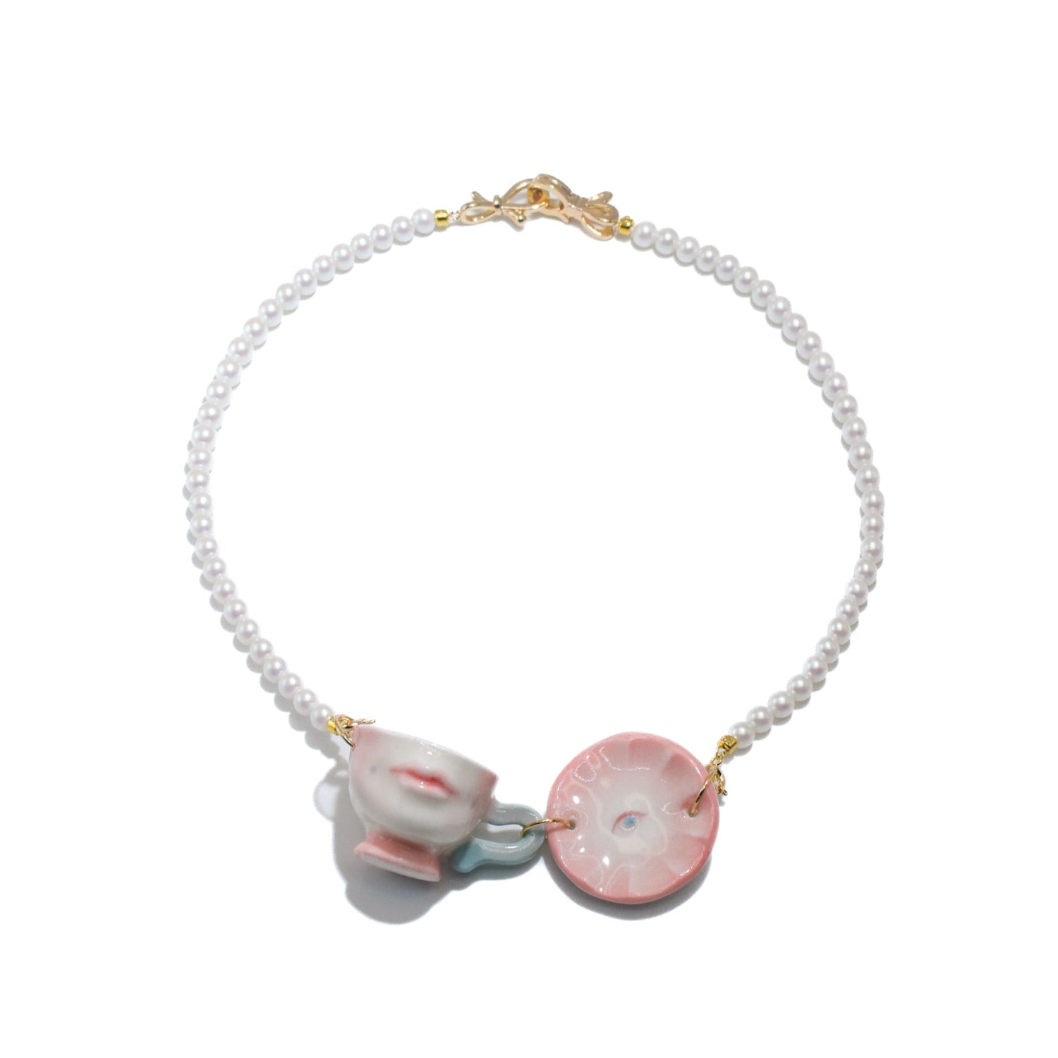 The Cup Theater Mini Porcelain Cup & Plate Crystal Pearl Necklace