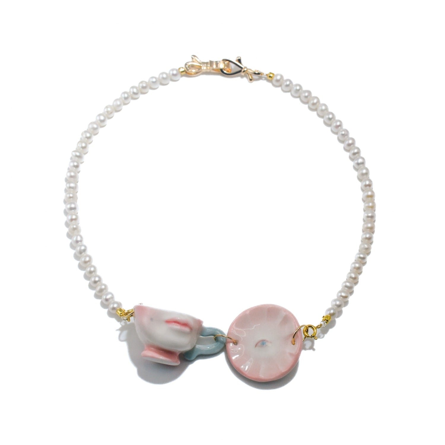 The Cup Theater Mini Porcelain Cup & Plate Freshwater Pearl Necklace