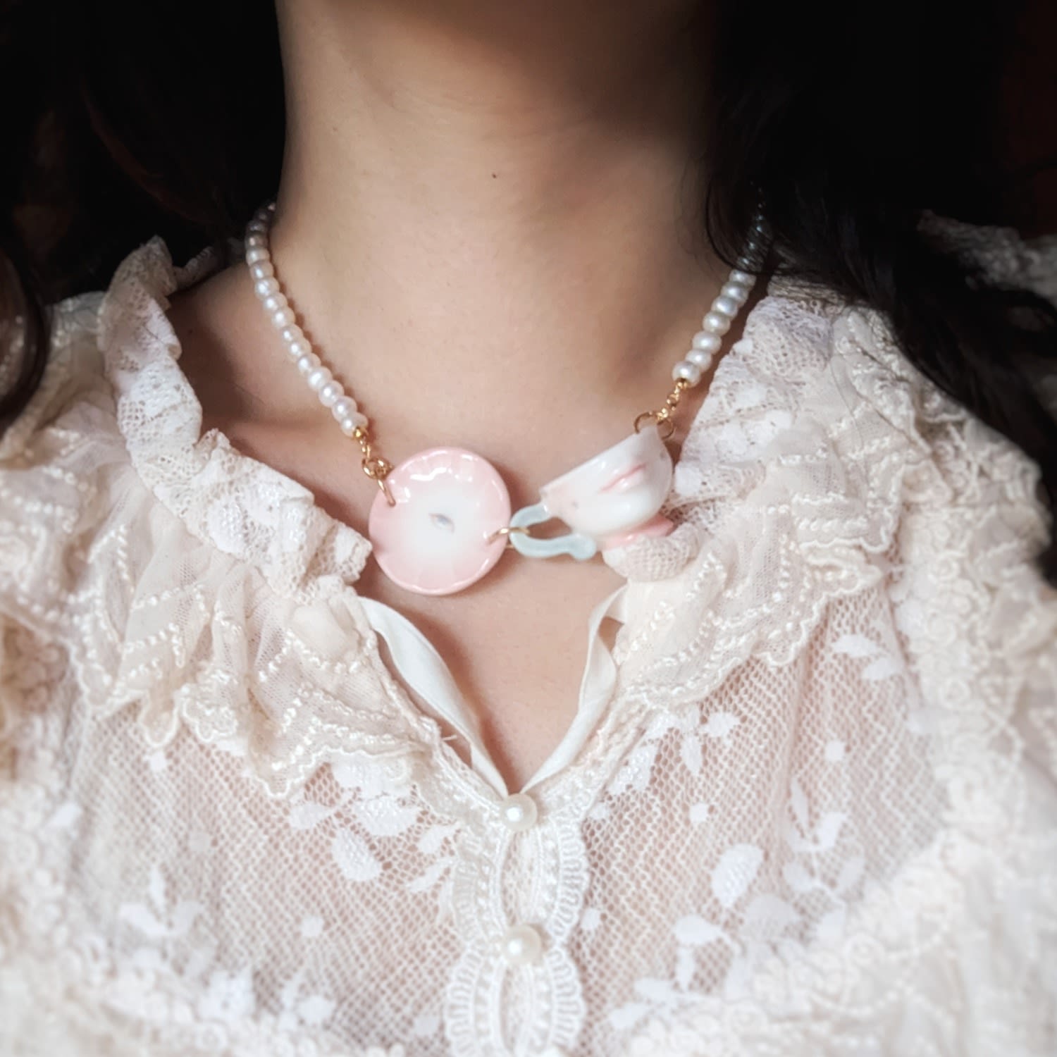 The Cup Theater Mini Porcelain Cup & Plate Freshwater Pearl Necklace