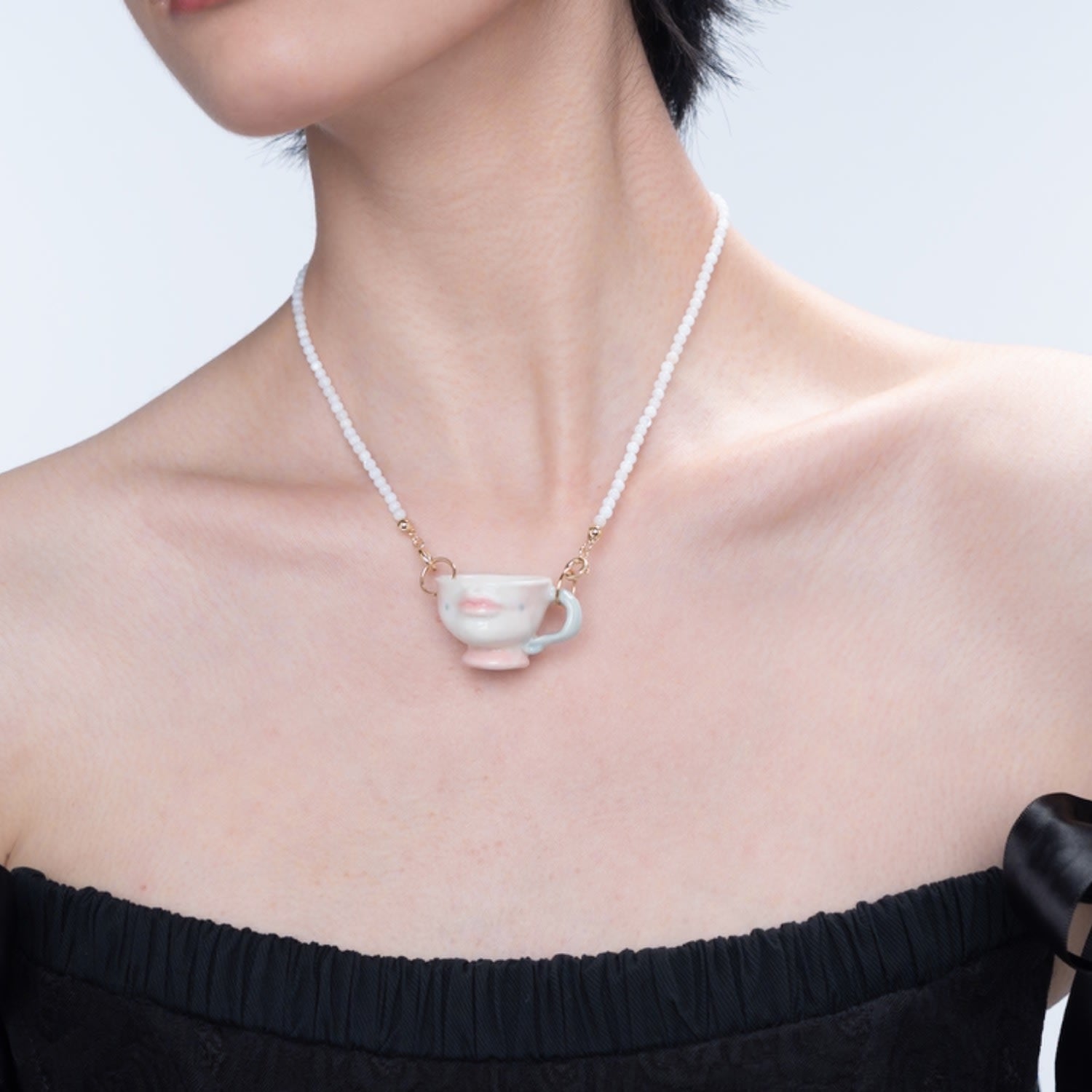 The Cup Theater Mini Porcelain Cup Shell Beads Necklace