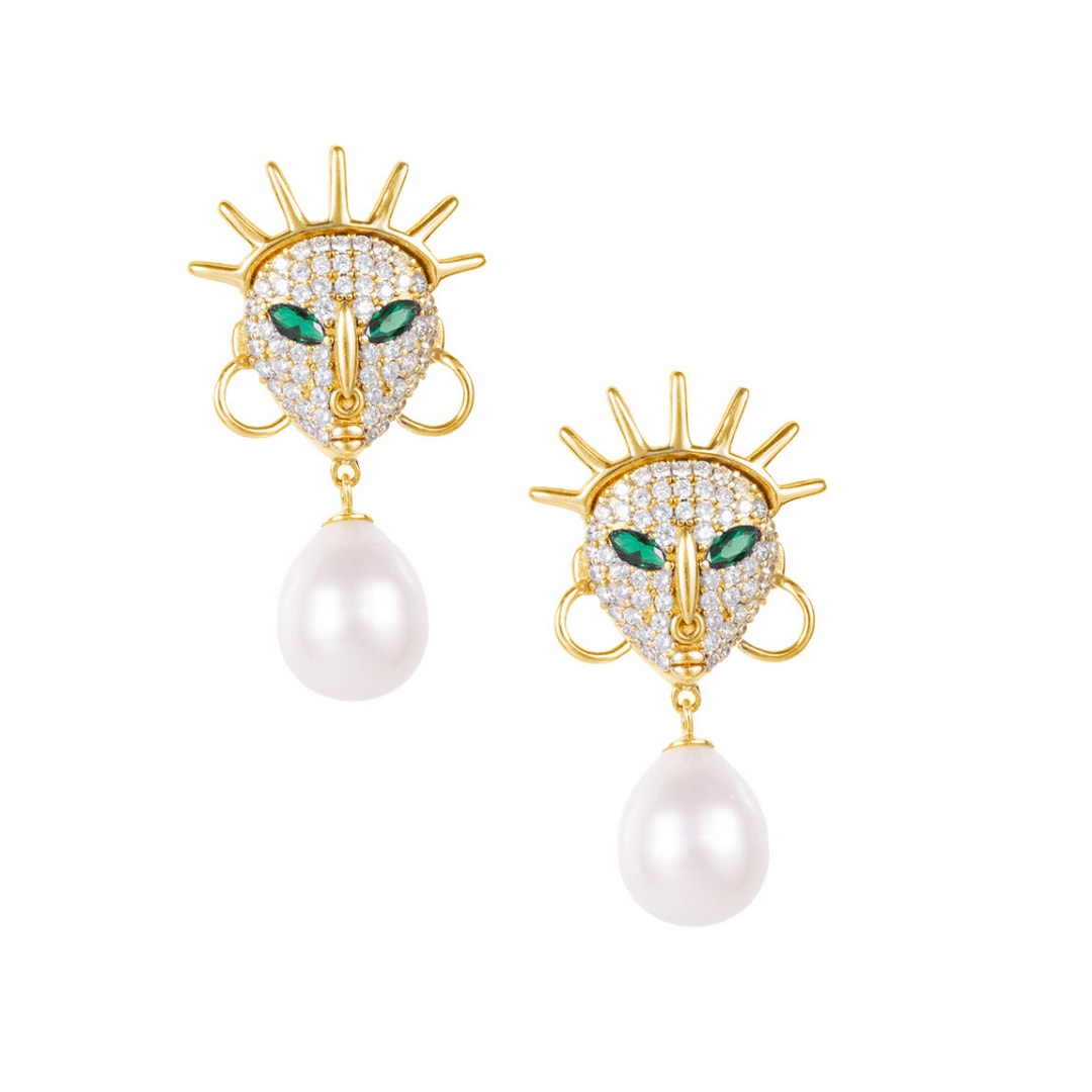 Ìdólá Large Pearl Drop Earrings – Platinum-Plated With Sapphire Accents