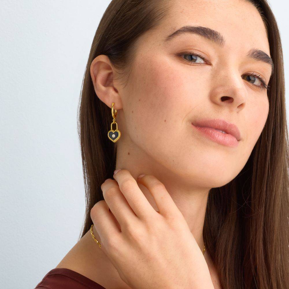 The Love Lock Enamel Earrings with Diamond in Gold