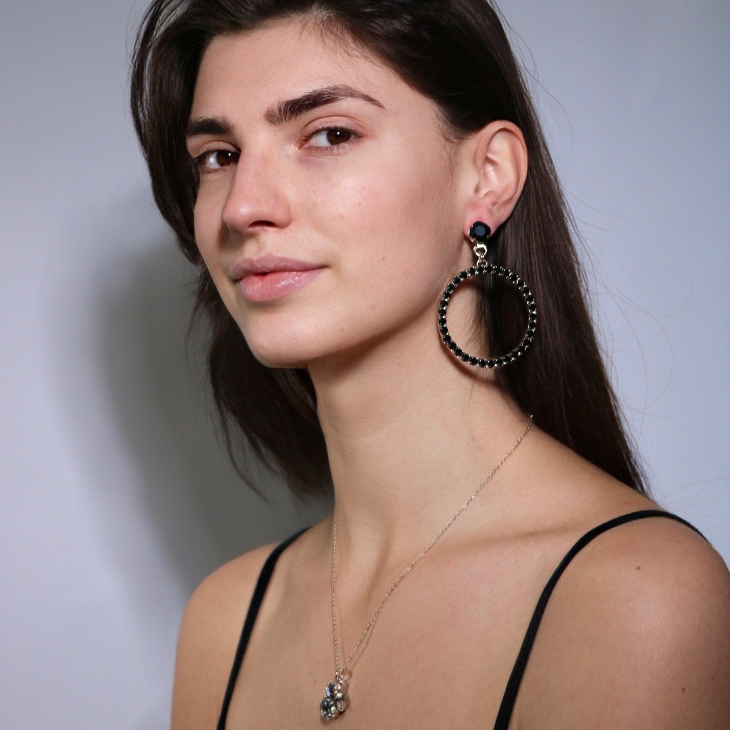 The Medium Black Hoop Earrings In Platinum - Clip