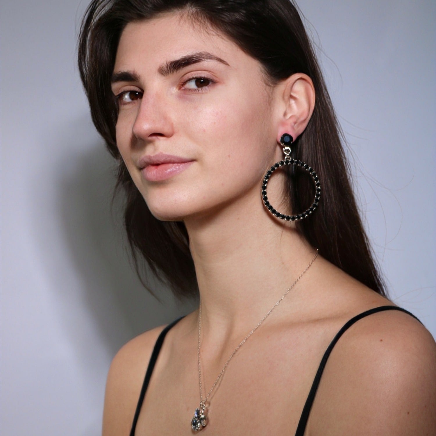 The Medium Black Hoop Earrings In Platinum - Pierced