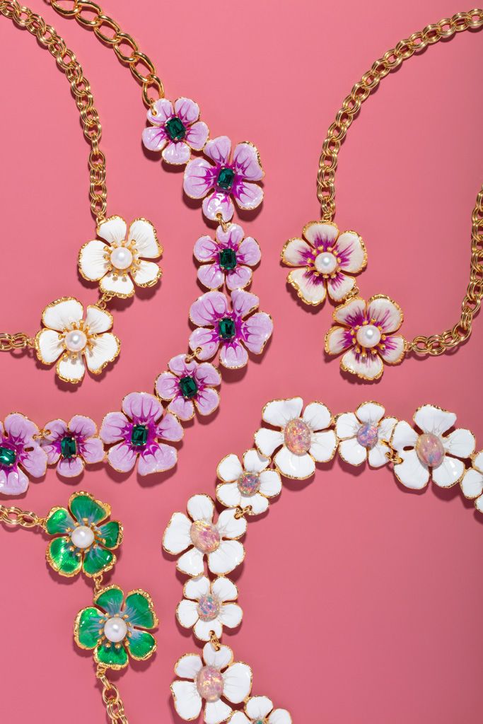 The Pink Reef Hand Painted Mauve Pearl & Emerald Floral Necklace