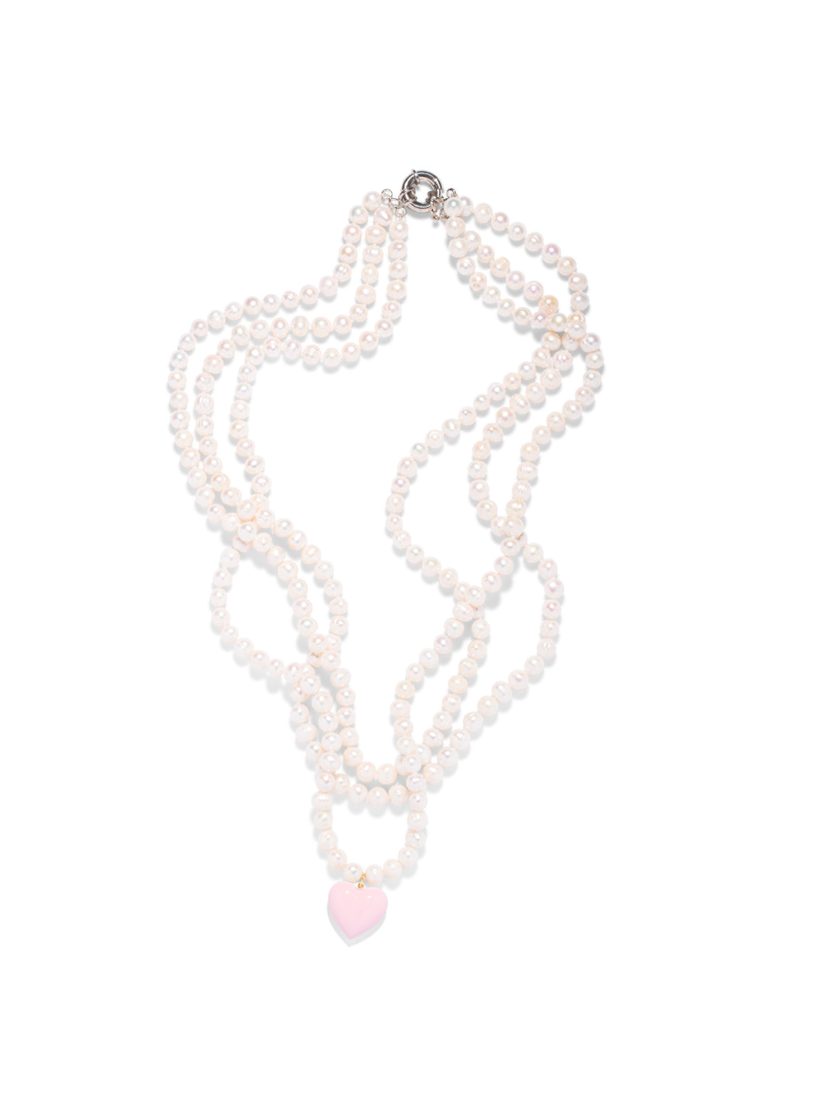 The Pink Reef Triple Strand Pearl Necklace With Light Pink Heart