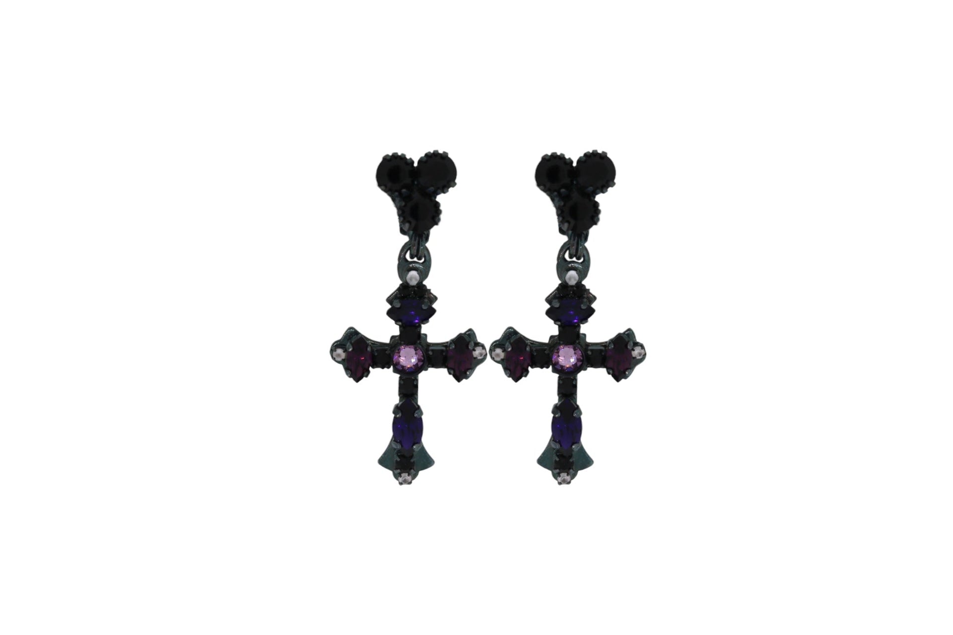 The Purple Cross Earrings In Oxidised Silver