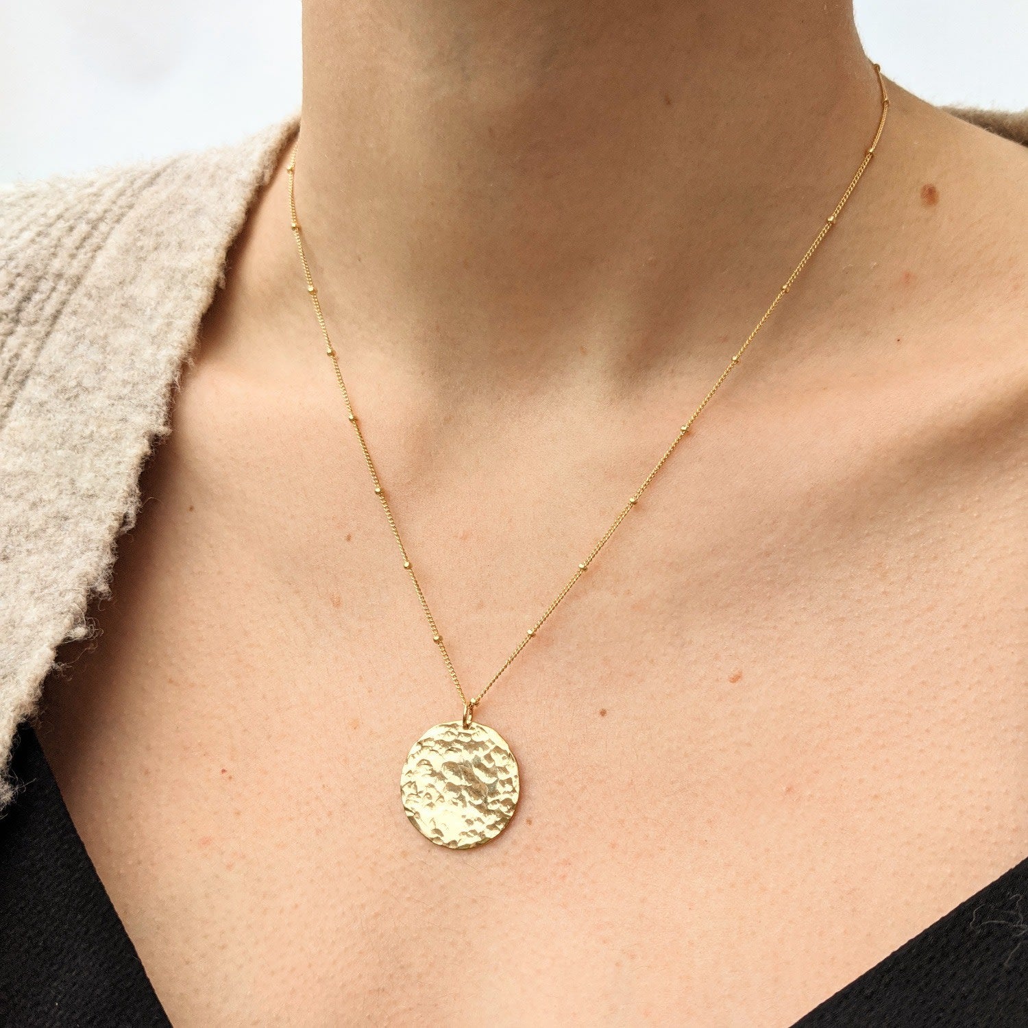 Thea Hammered Disc Pendant Sterling Silver Necklace