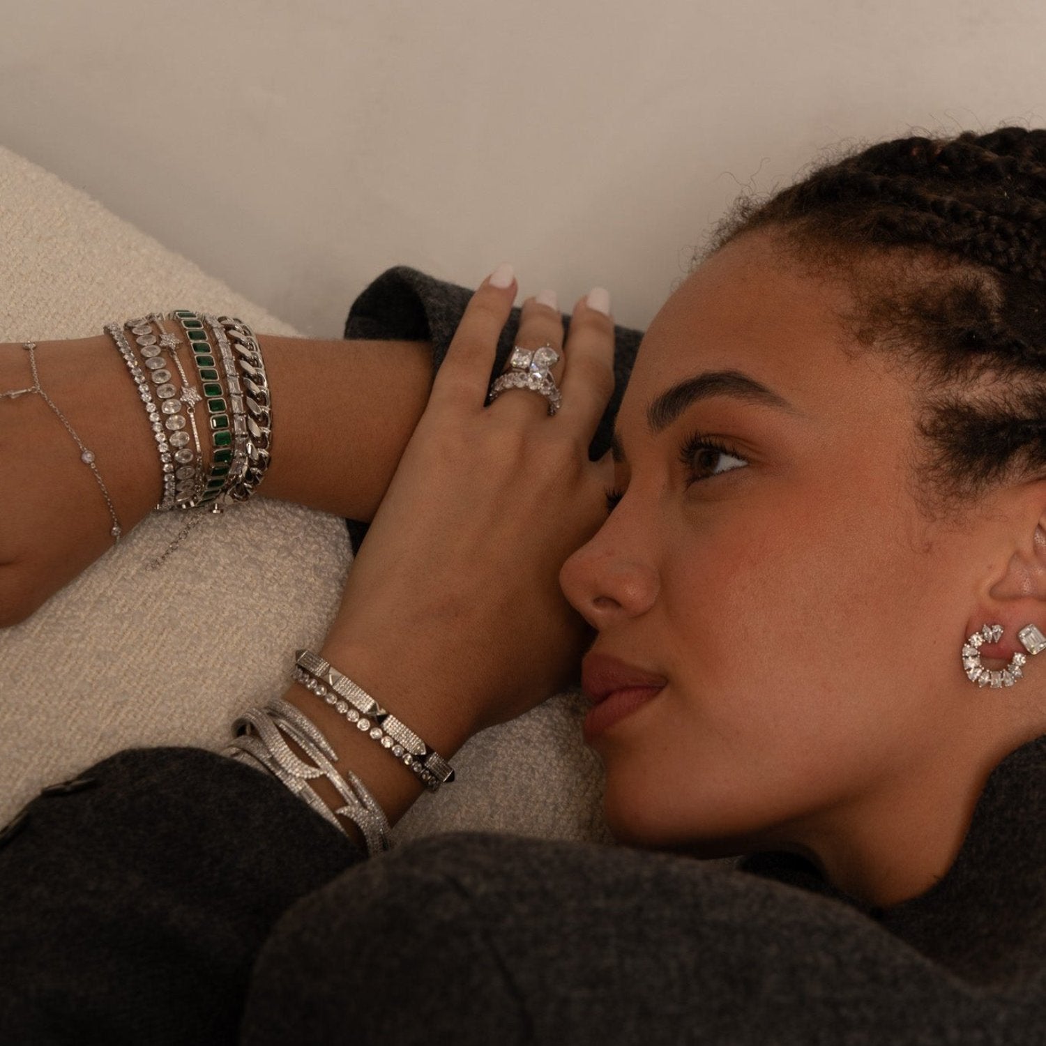 Thin Pave Outline Bangle - Silver