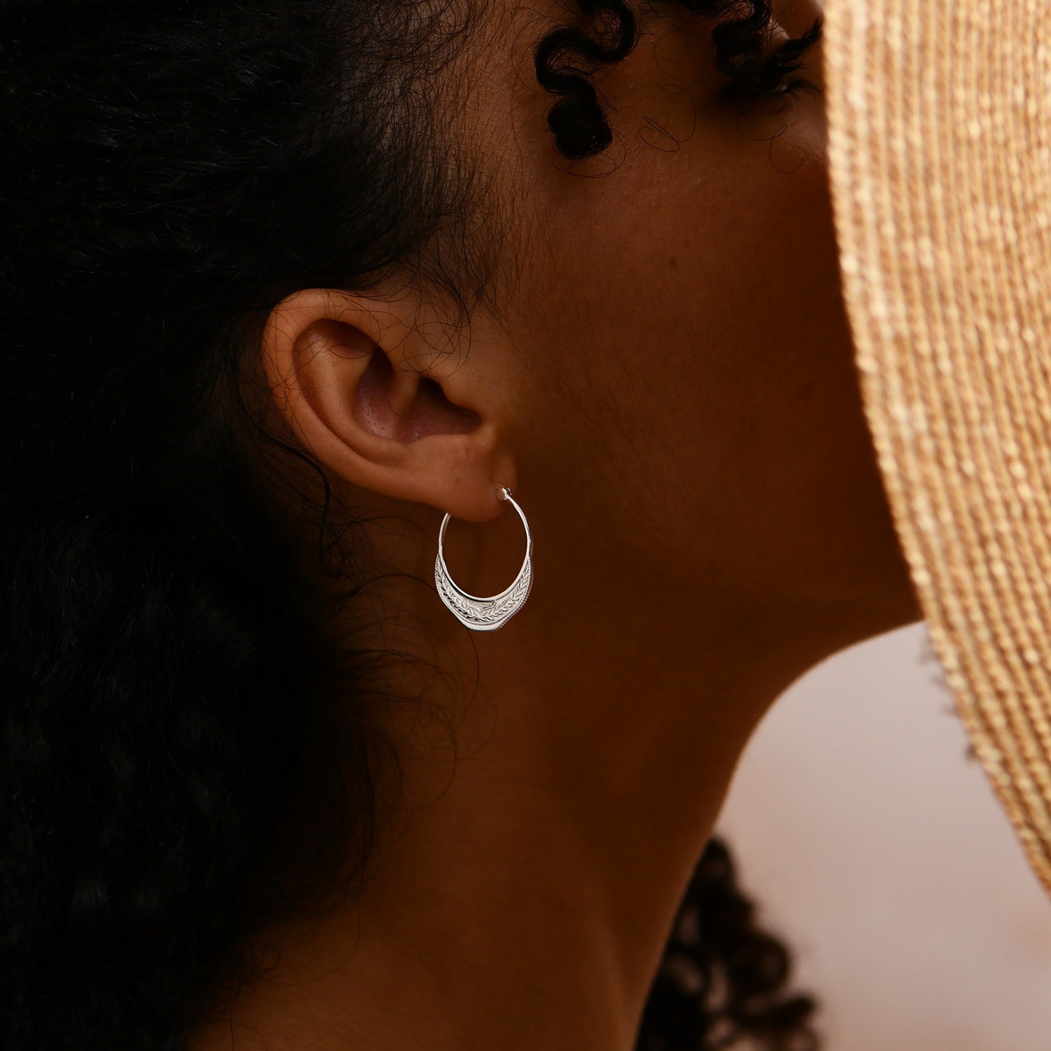 Thoth Crescent Moon Patterned Sterling Silver Hoop Earrings