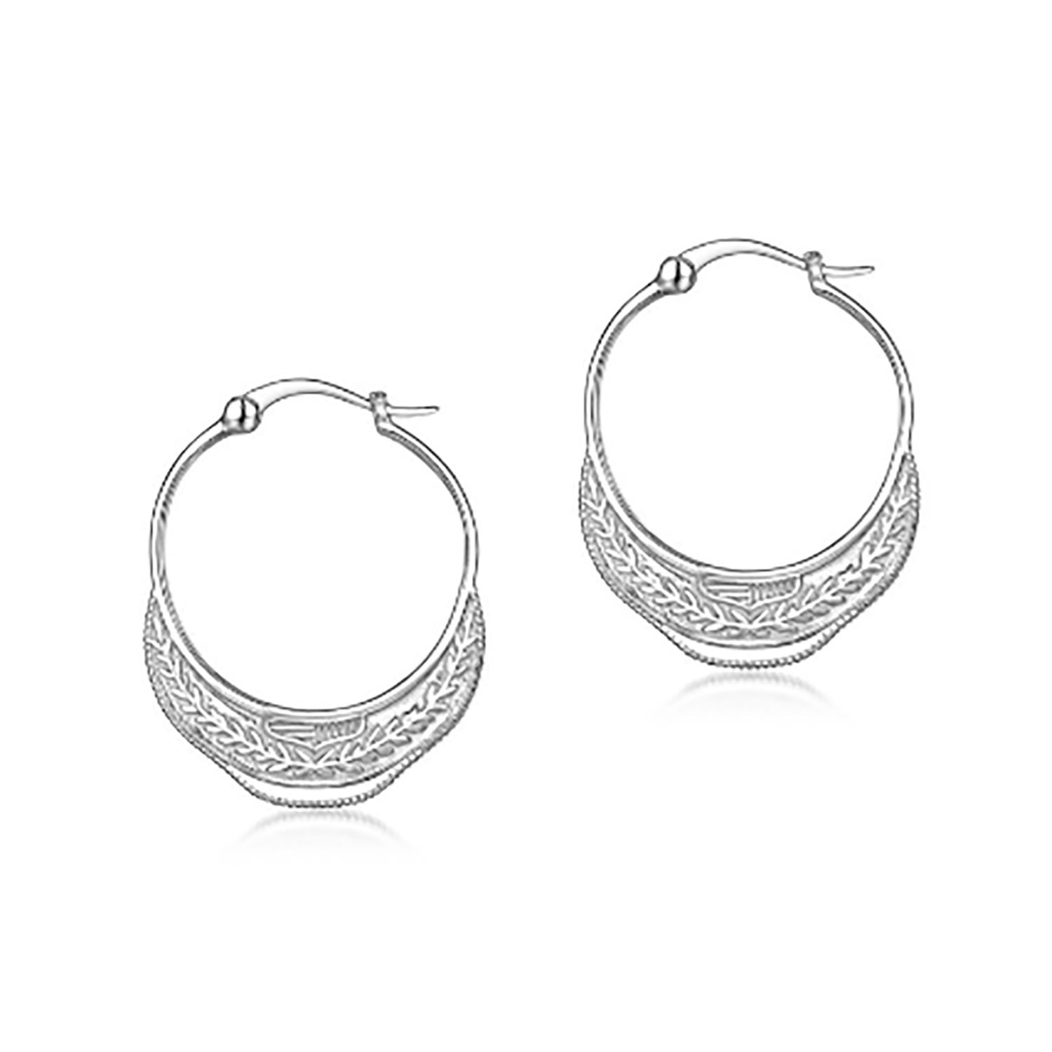 Thoth Crescent Moon Patterned Sterling Silver Hoop Earrings