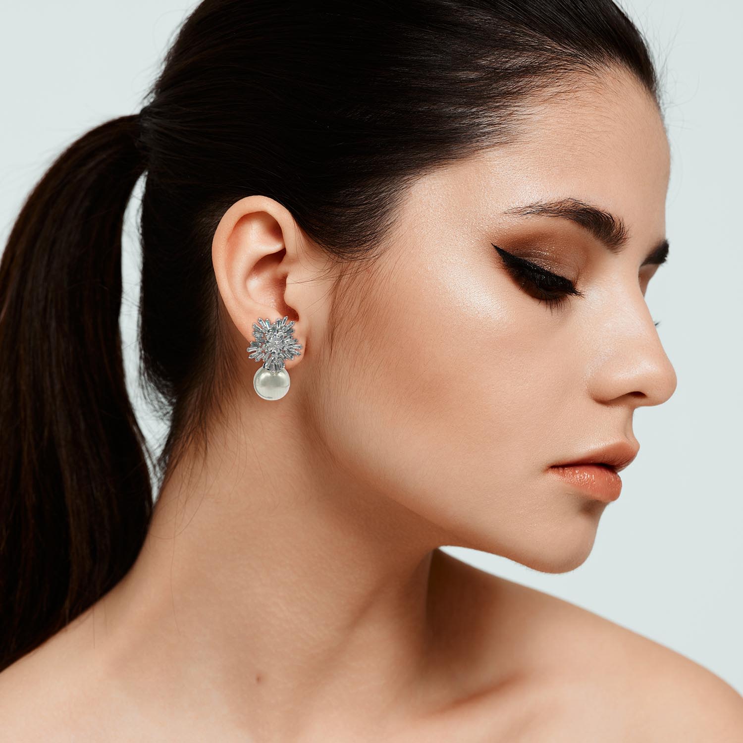 Three Dimensional Baguette Star Crystal Clip On Earrings With Pearl Drop