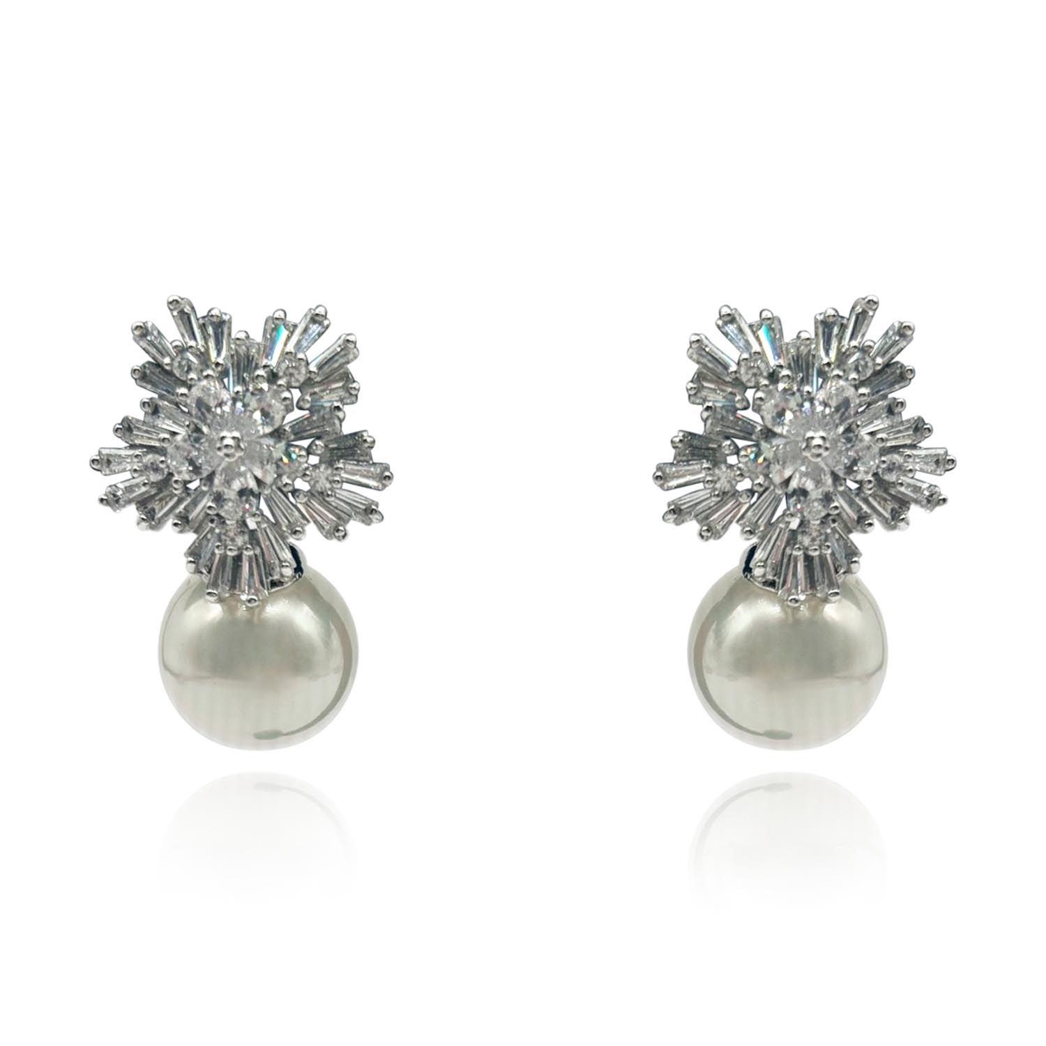 Three Dimensional Baguette Star Crystal Clip On Earrings With Pearl Drop