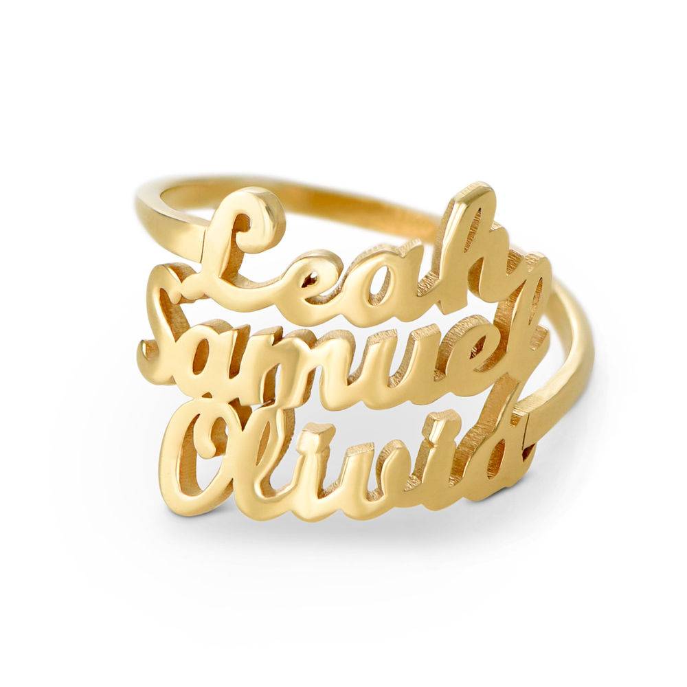 Script Triple Name Ring in 18K Gold Plating