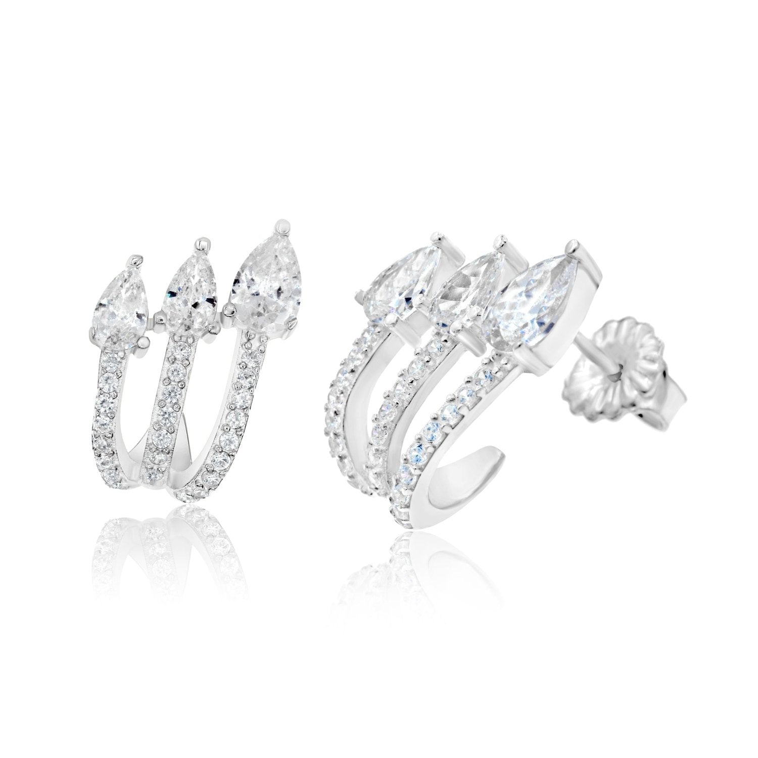 Three Row Pave Wrap Earrings - Silver