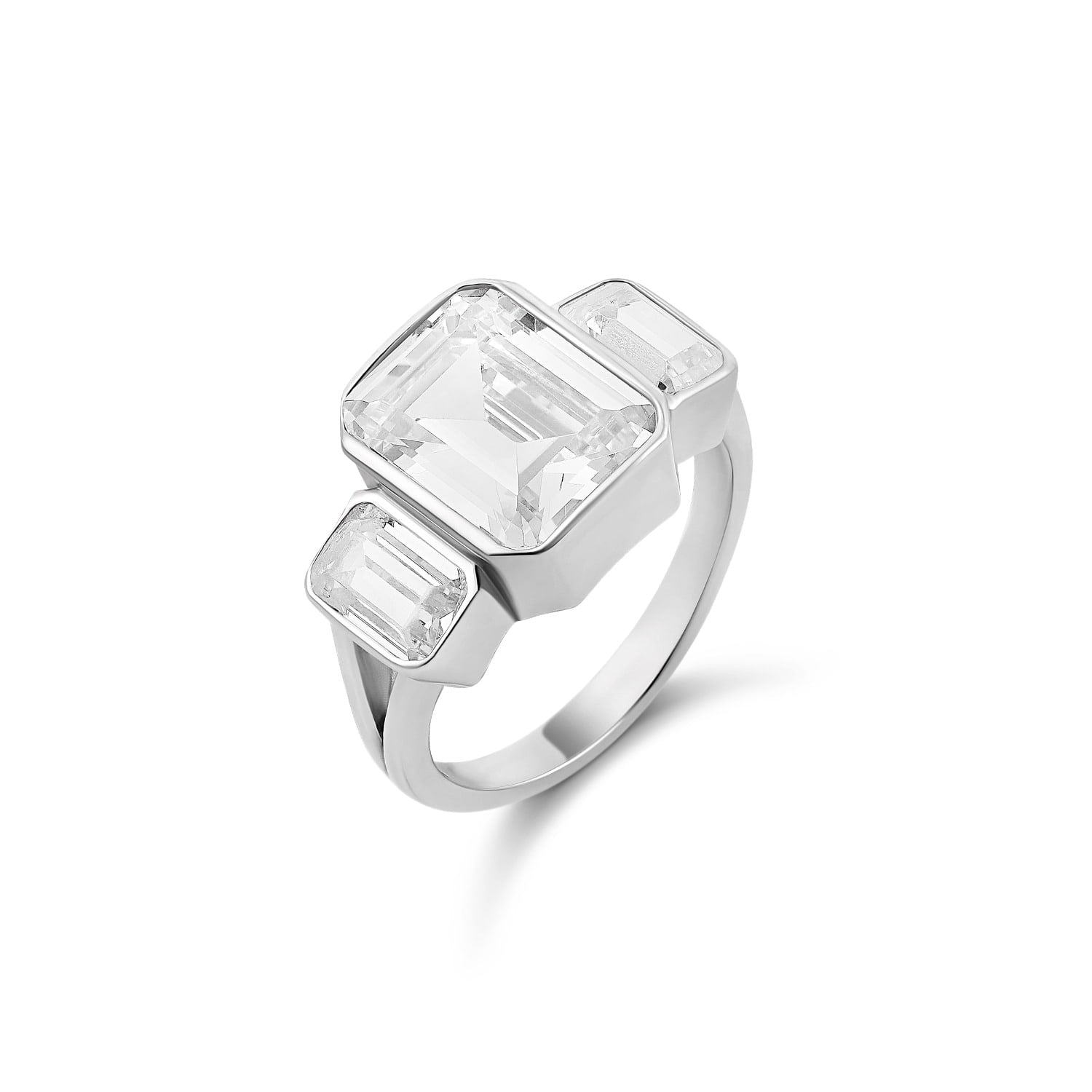 Three Stone Bezel-Set Statement Ring - Silver