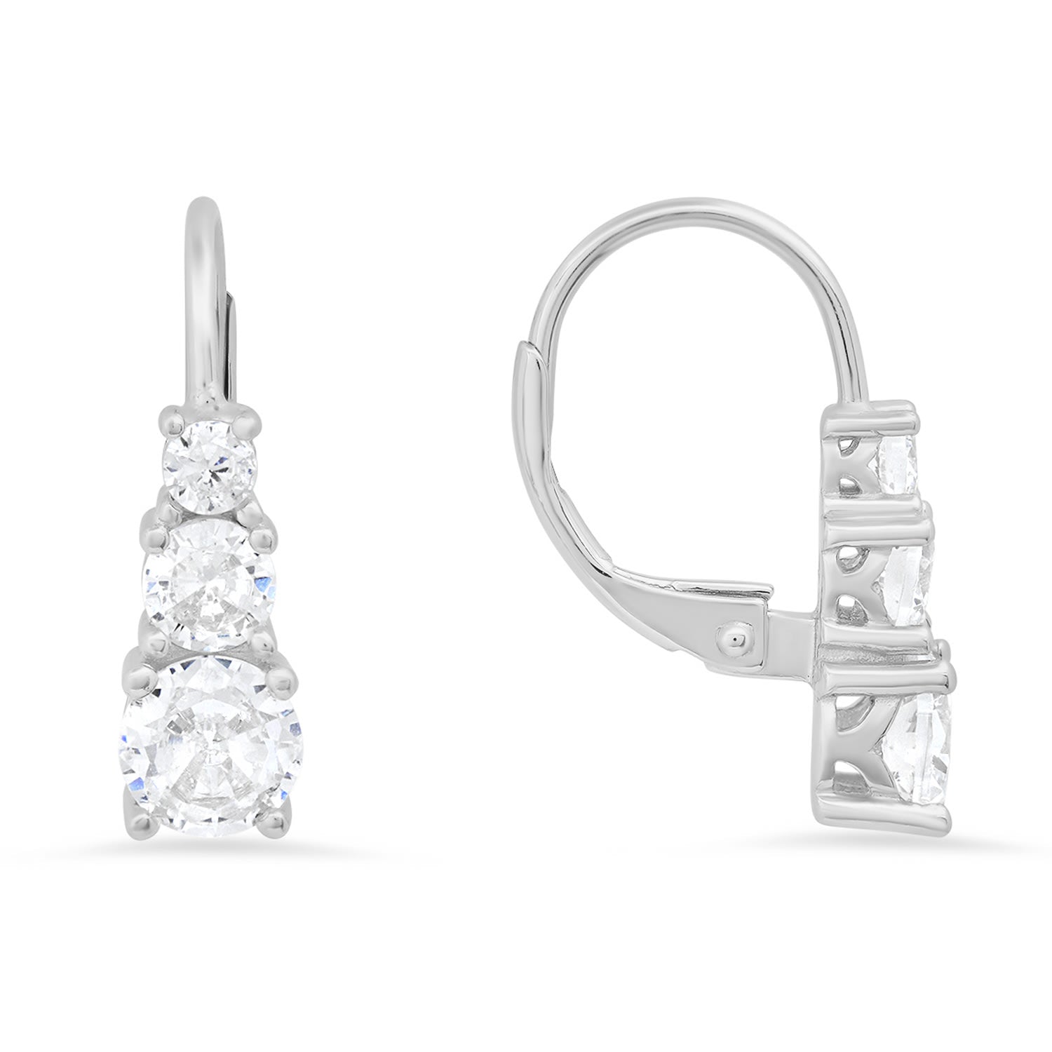 Three Stone Diamond Cz Leverback Earrings In Sterling Silver