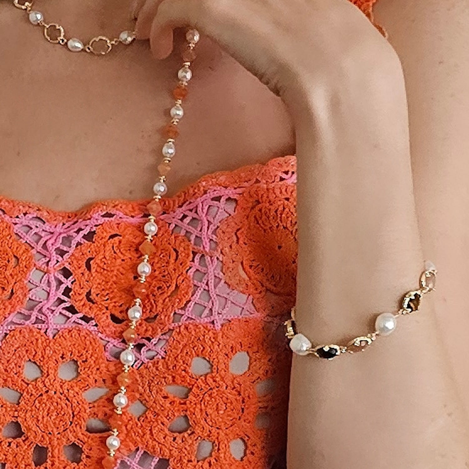 Tiger-Eye And Sunstone With Freshwater Pearls Bracelet