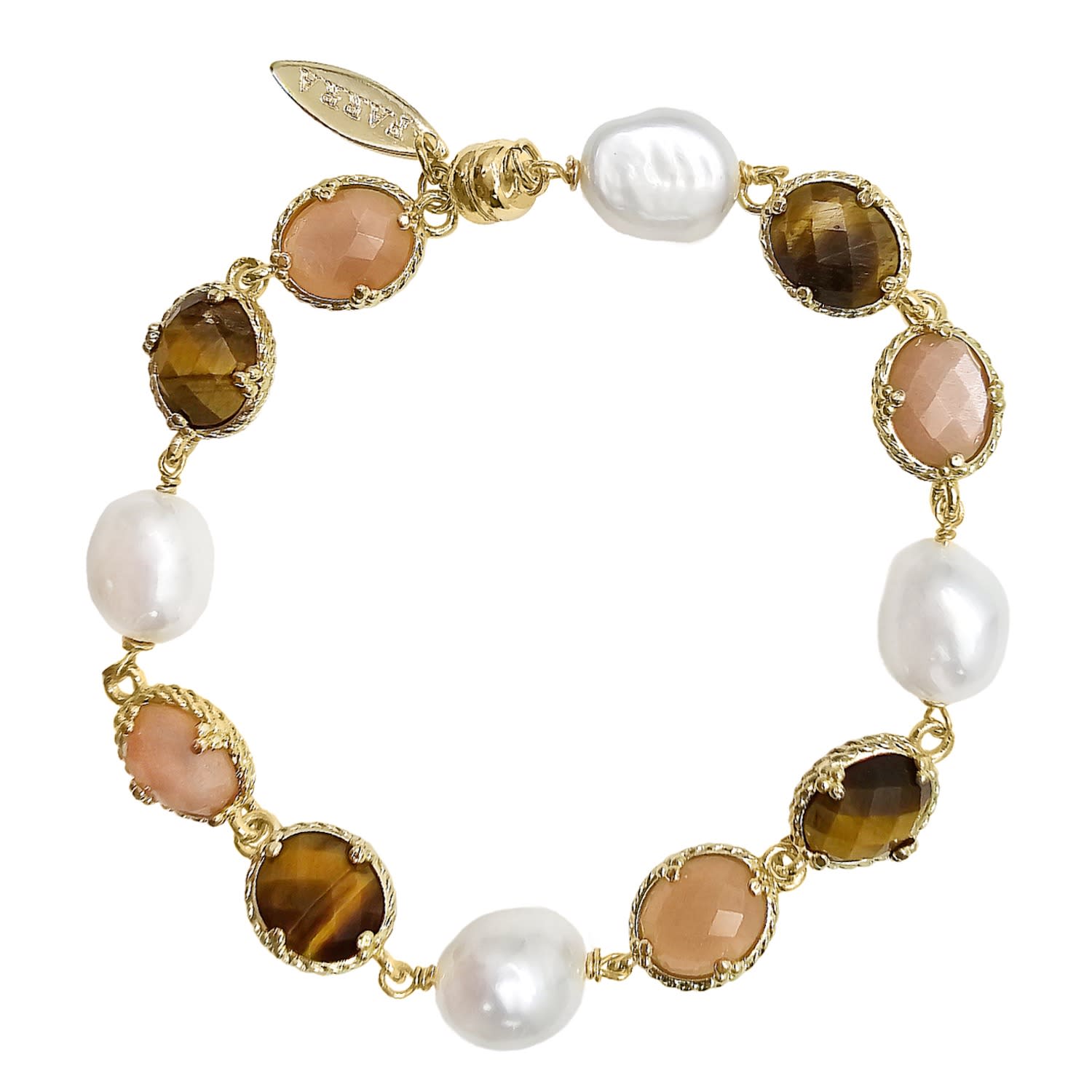 Tiger-Eye And Sunstone With Freshwater Pearls Bracelet