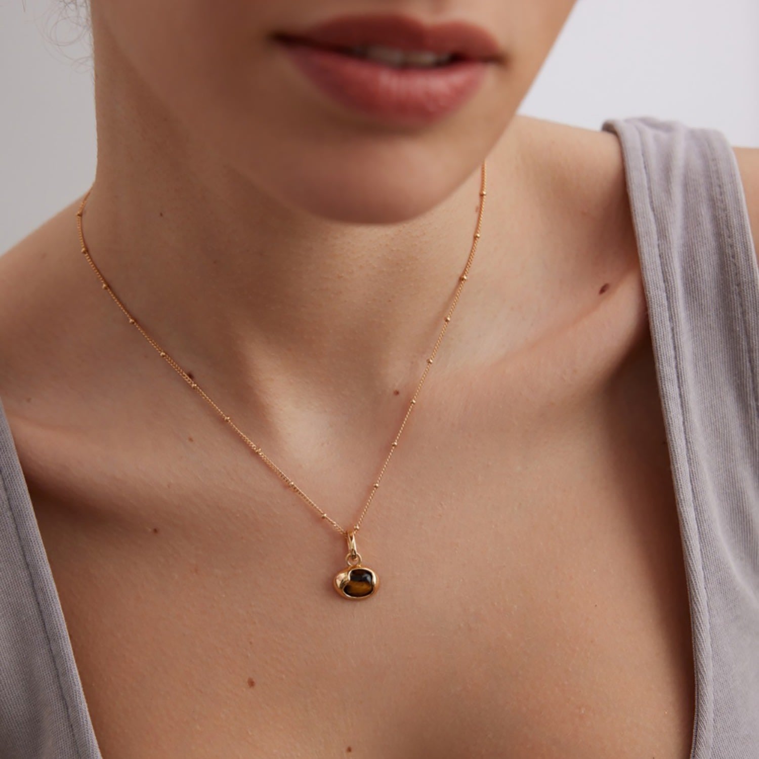 Tiger Eye Stone Pendant Gold Plated Sterling Silver Chain Necklace