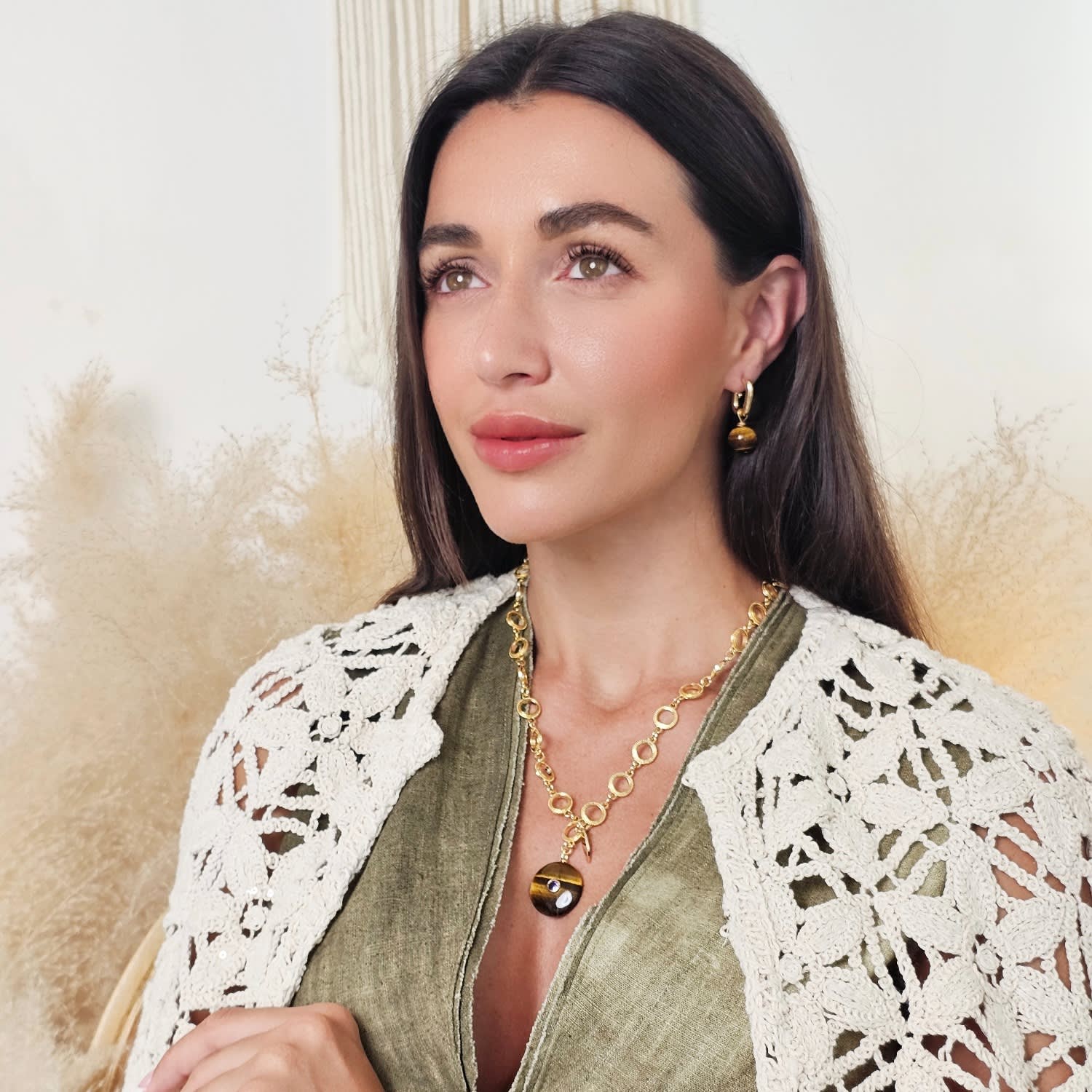 Tiger Eye Stone Pendant Y-Shaped Necklace