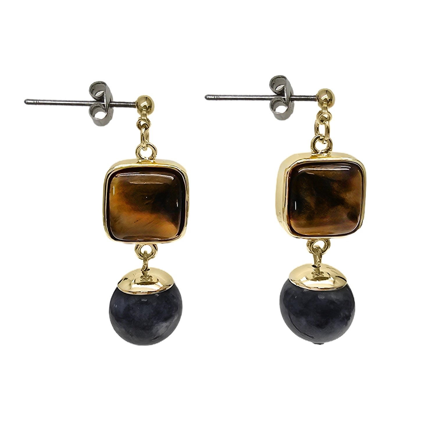 Tiger-Eye Stone With Black Obsidian Minimalist Earrings