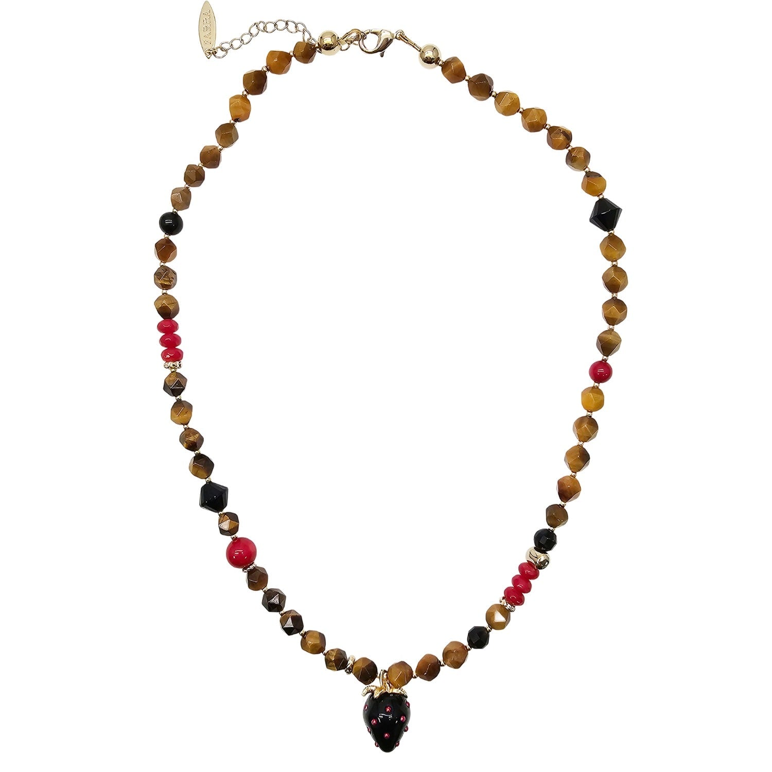 Tiger-Eye With Bamboo Coral And Black Strawberry Pendant Necklace