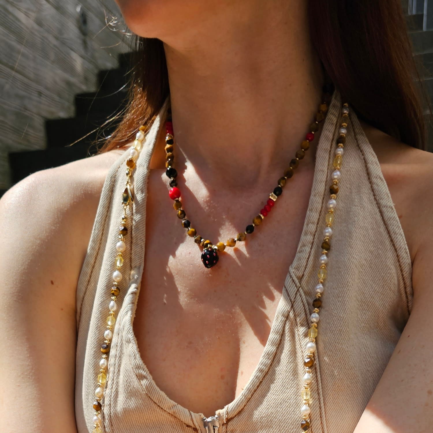 Tiger-Eye With Bamboo Coral And Black Strawberry Pendant Necklace