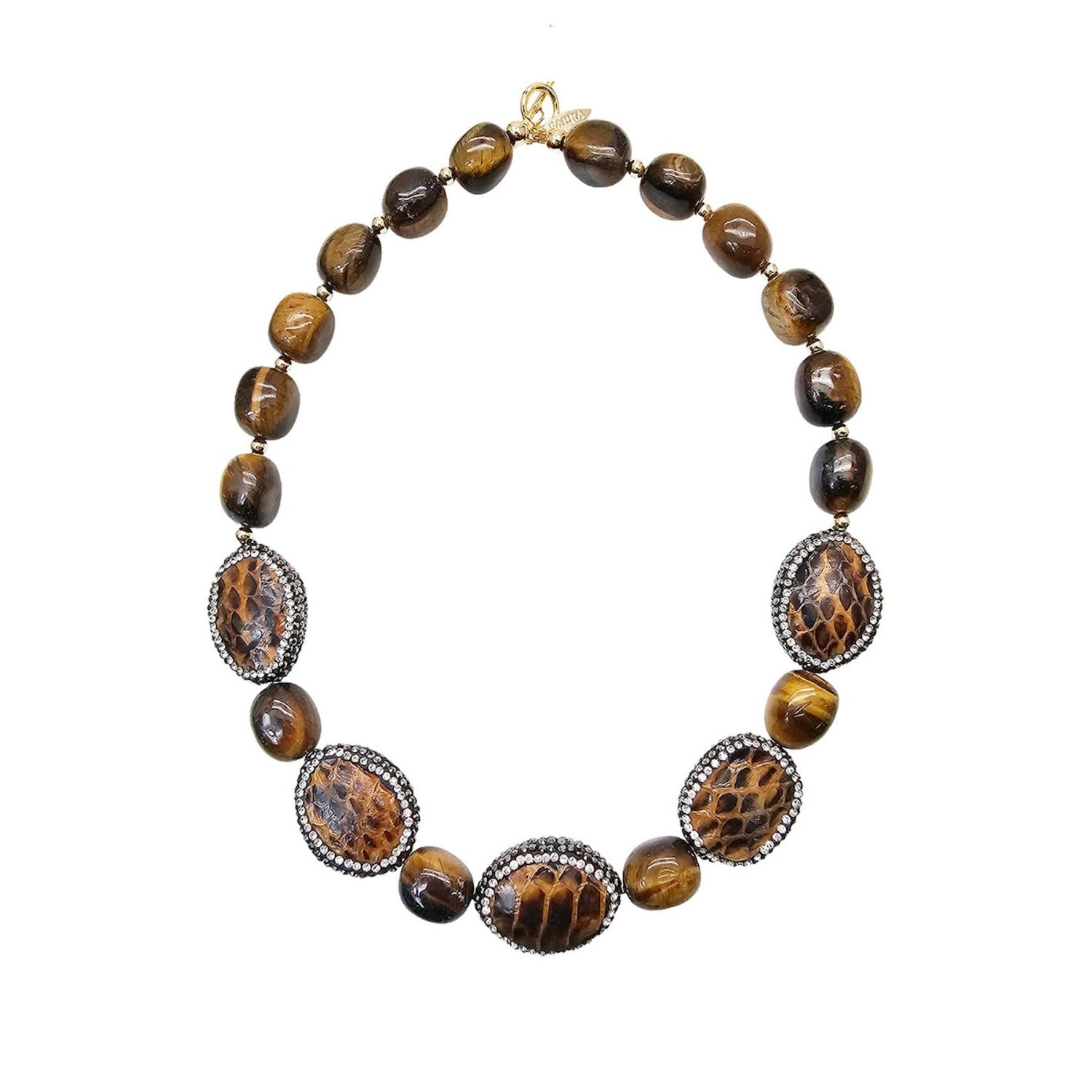 Tiger Eye With Brown Leather Rhinestone Statement Necklace
