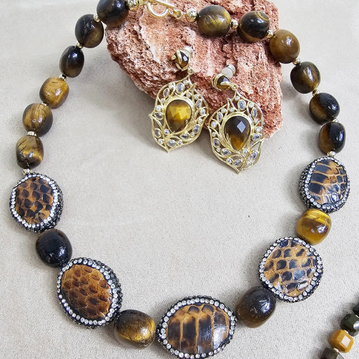 Tiger Eye With Brown Leather Rhinestone Statement Necklace