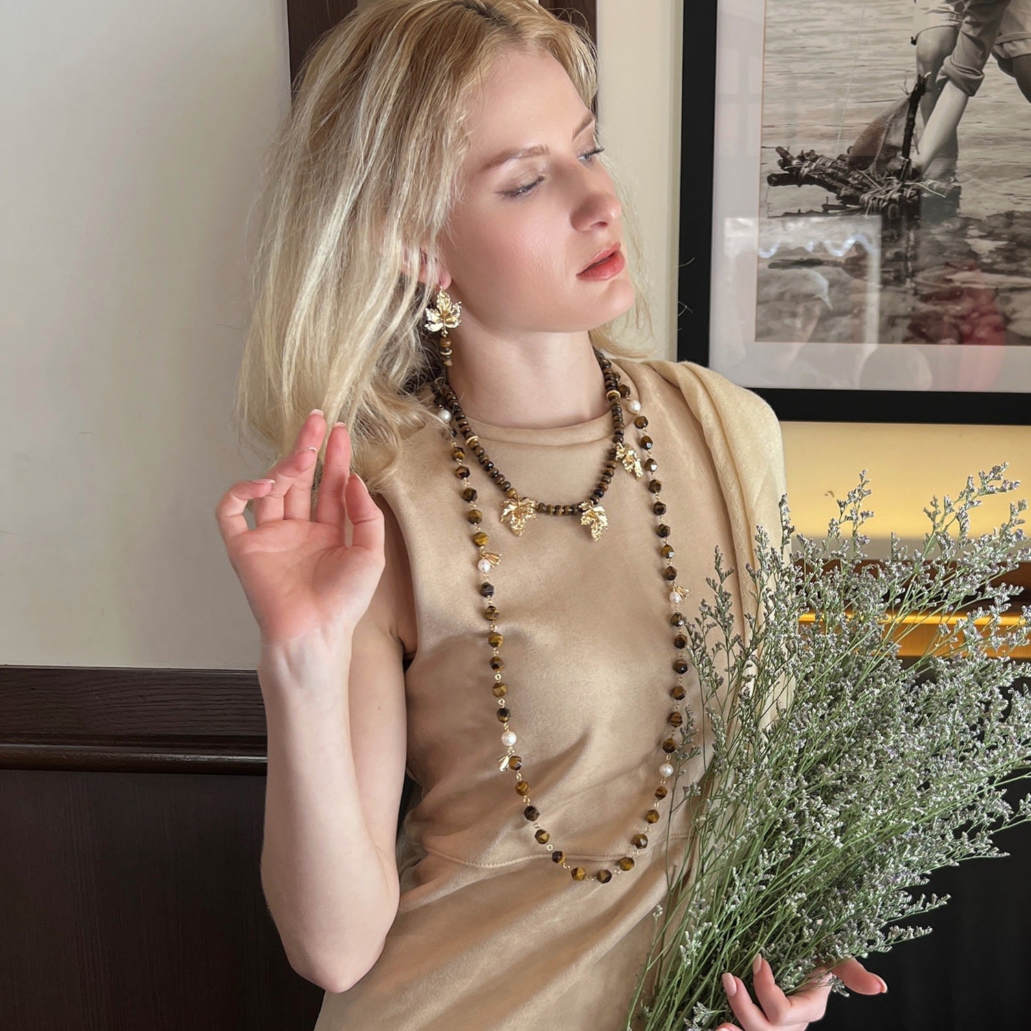 Tiger Eye With Freshwater Pearls Long Station Necklace