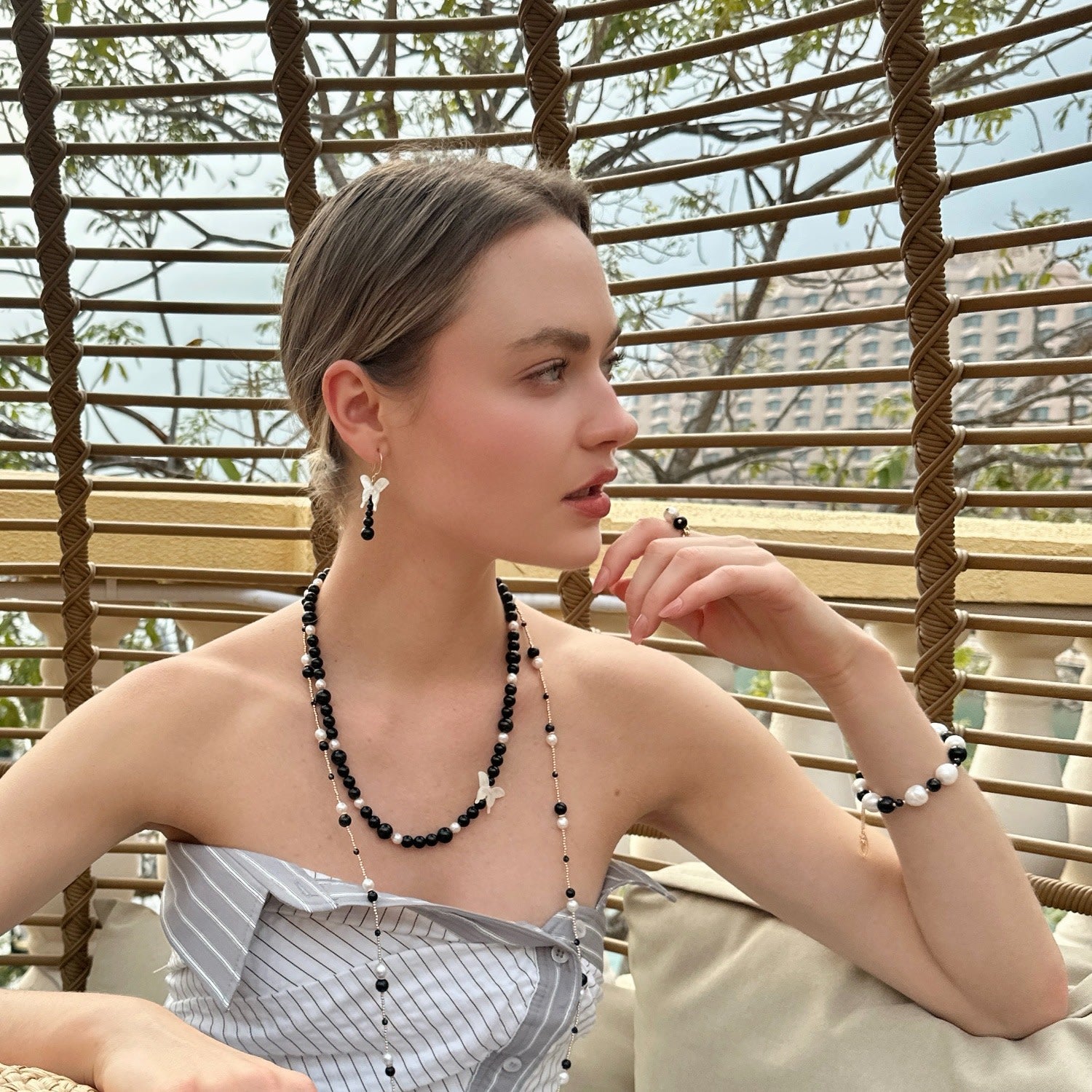 Timeless Black Obsidian And White Freshwater Drops Adjustable Ring