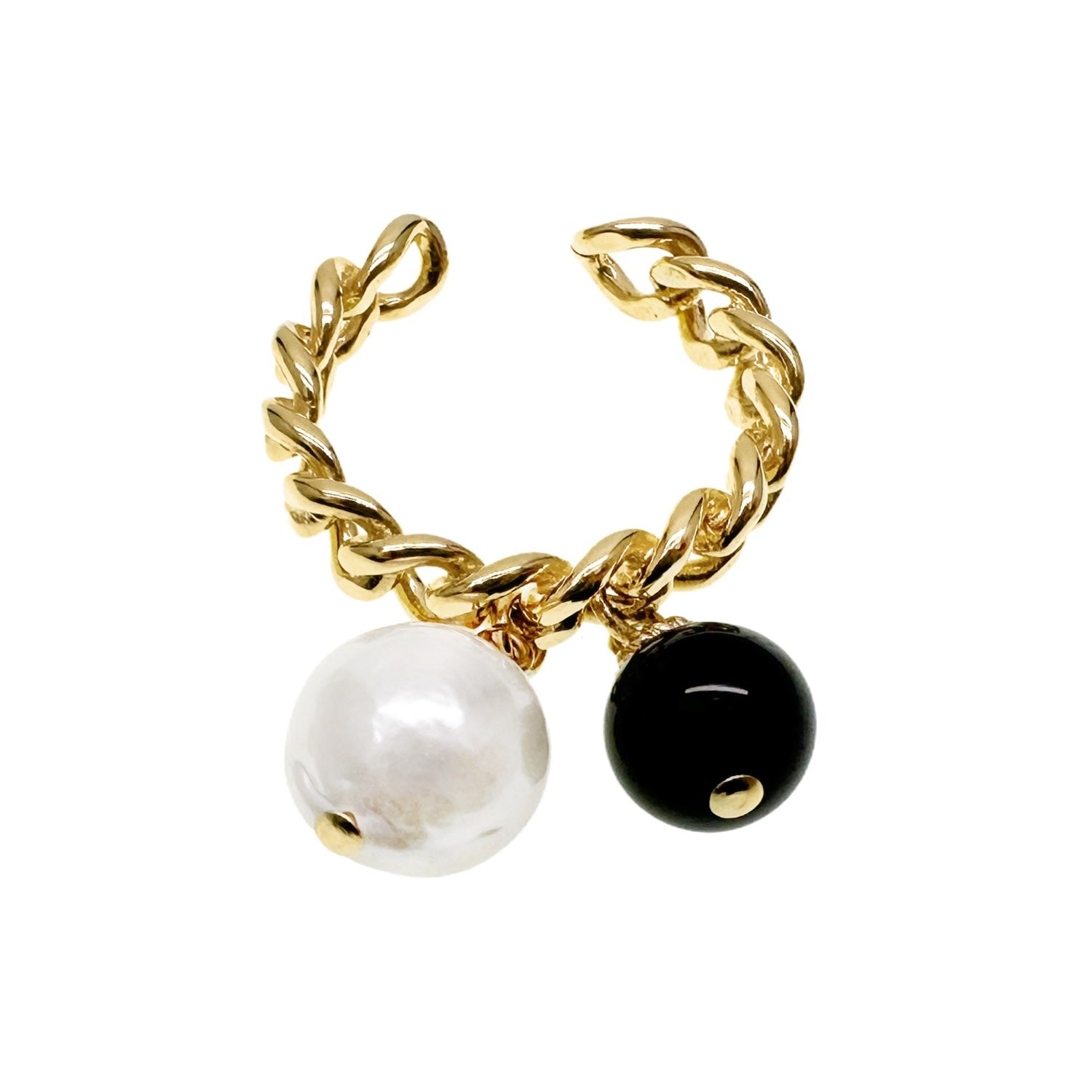 Timeless Black Obsidian And White Freshwater Drops Adjustable Ring