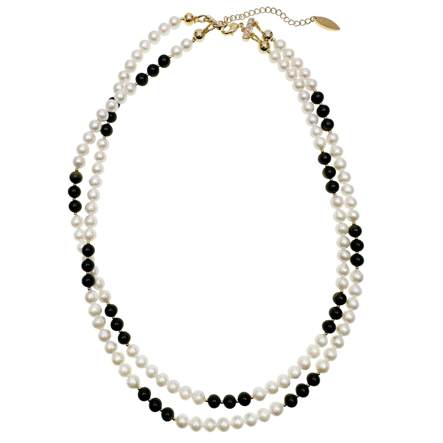 Timeless Black Obsidian & White Freshwater Pearls Double Layers Necklace