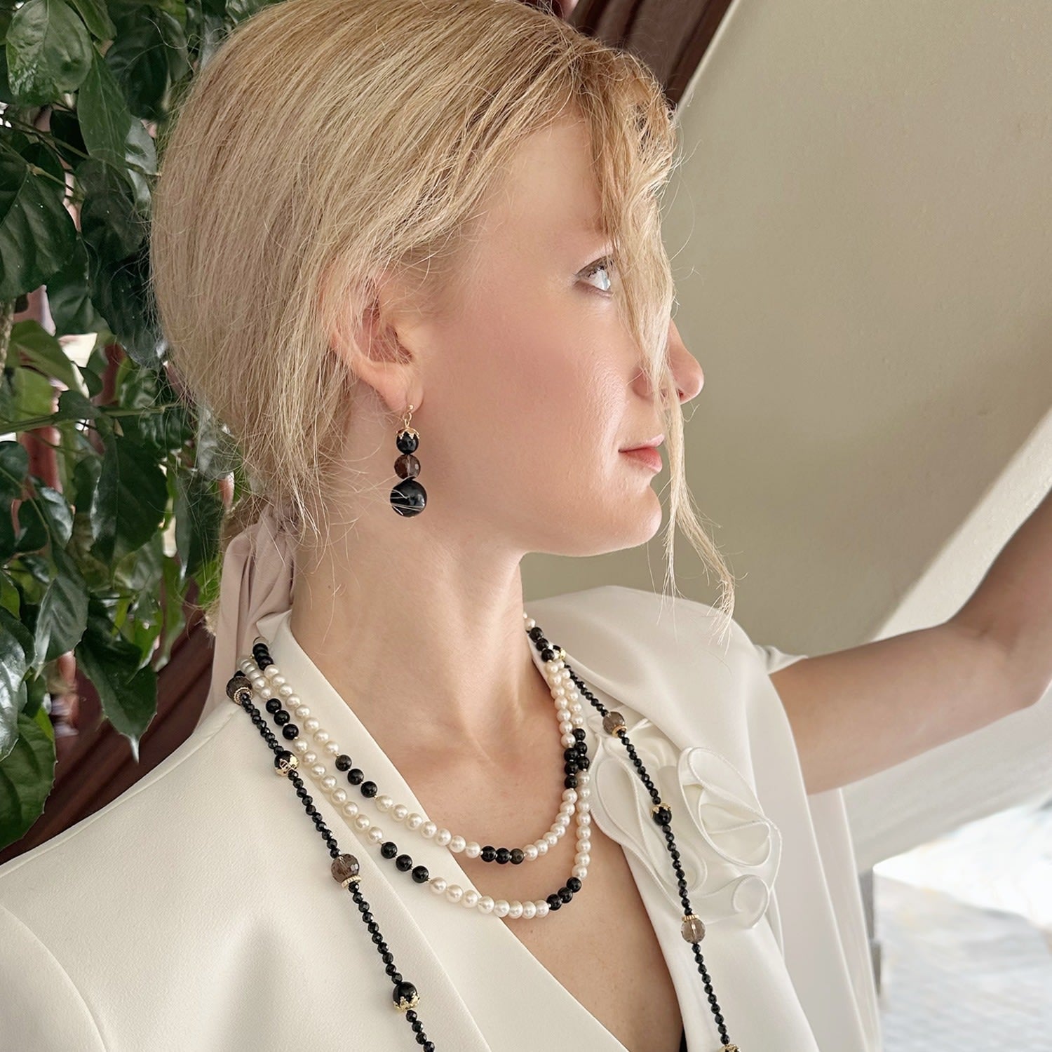 Timeless Black Obsidian & White Freshwater Pearls Double Layers Necklace